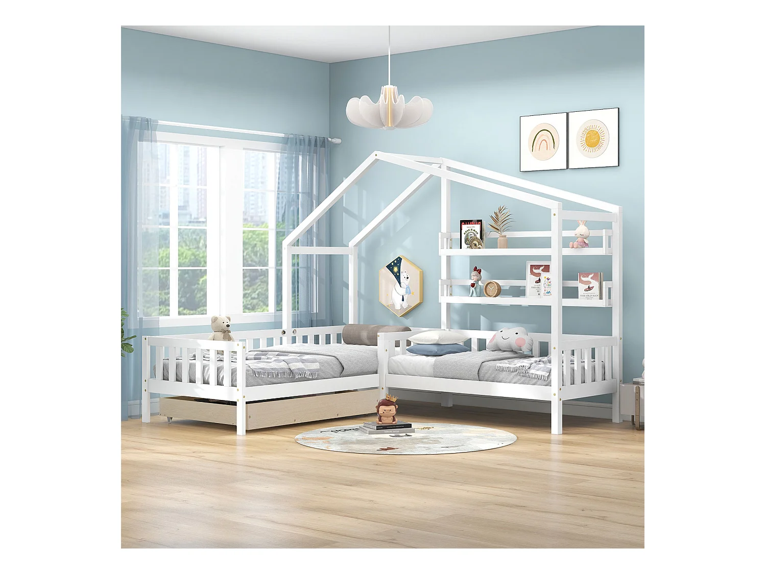 Lit enfant style maison avec tiroirs et étagères, en bois massif avec rail et sommier à lattes, structure en L, blanc (90x200 cm + 140x70 cm)