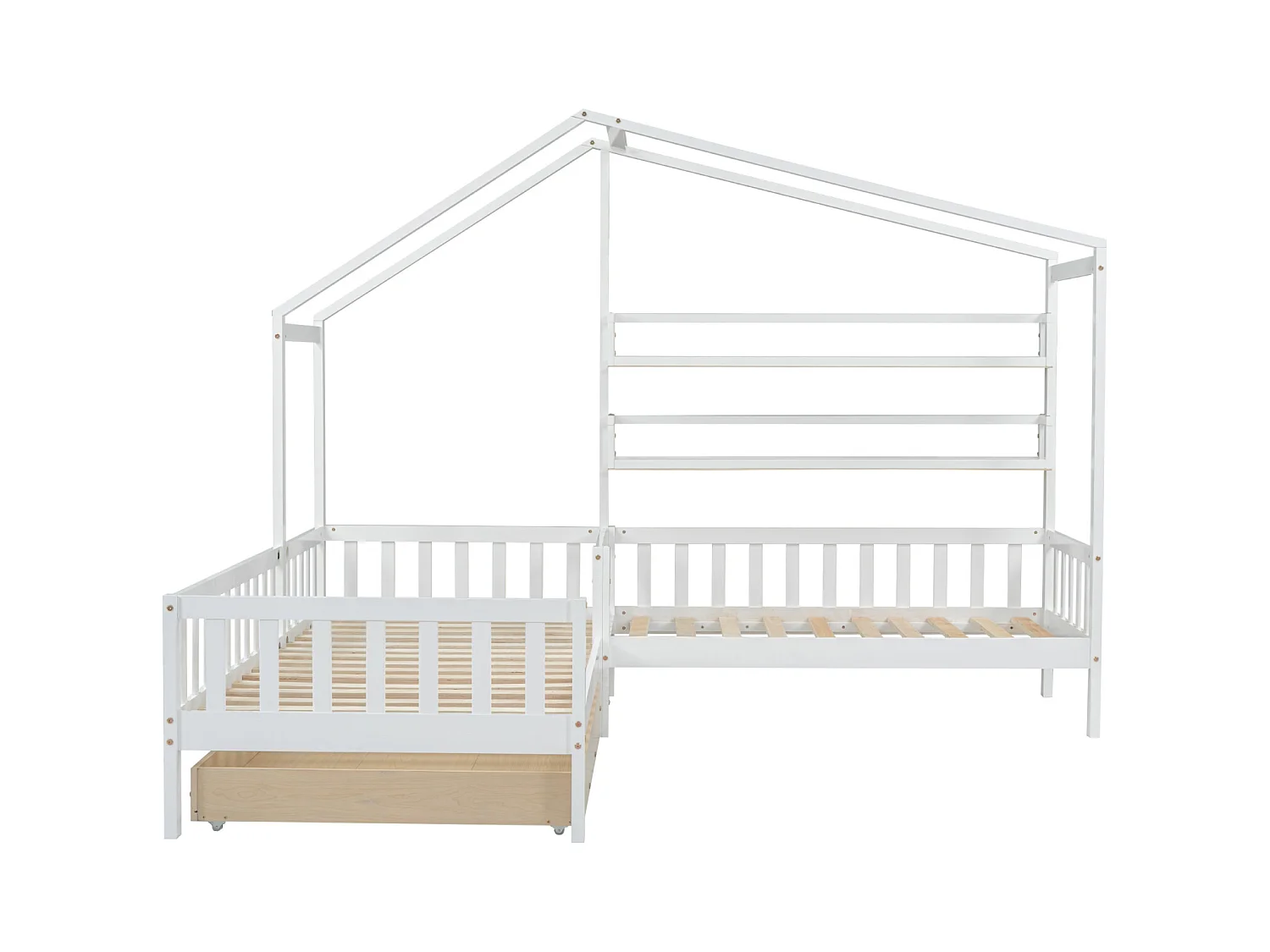 Lit enfant style maison avec tiroirs et étagères, en bois massif avec rail et sommier à lattes, structure en L, blanc (90x200 cm + 140x70 cm)