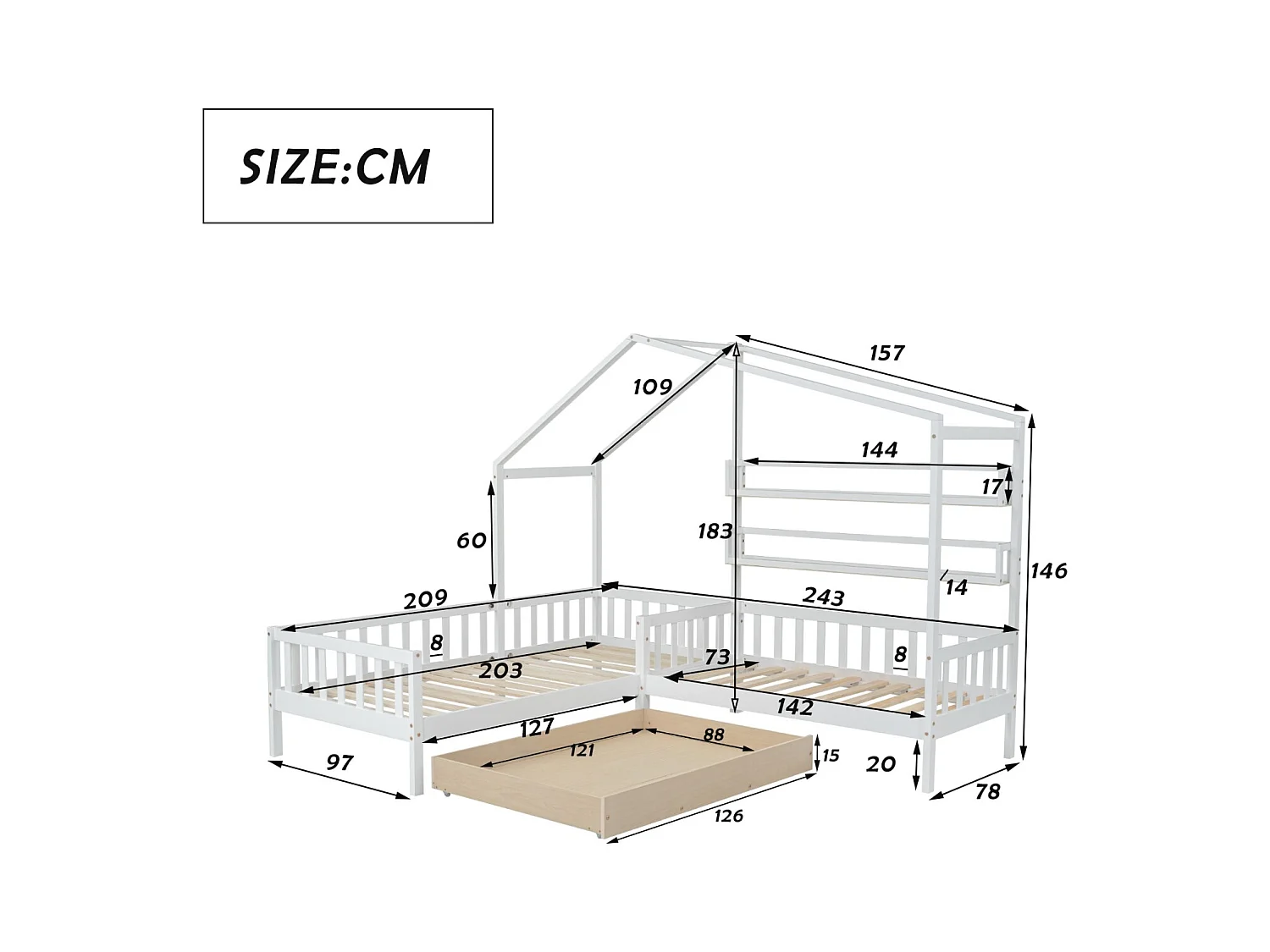 Lit enfant style maison avec tiroirs et étagères, en bois massif avec rail et sommier à lattes, structure en L, blanc (90x200 cm + 140x70 cm)