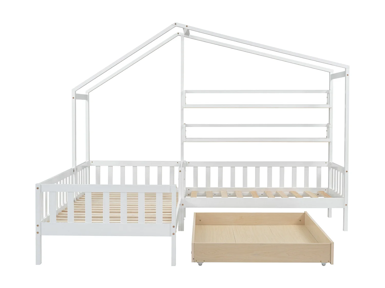 Lit enfant style maison avec tiroirs et étagères, en bois massif avec rail et sommier à lattes, structure en L, blanc (90x200 cm + 140x70 cm)