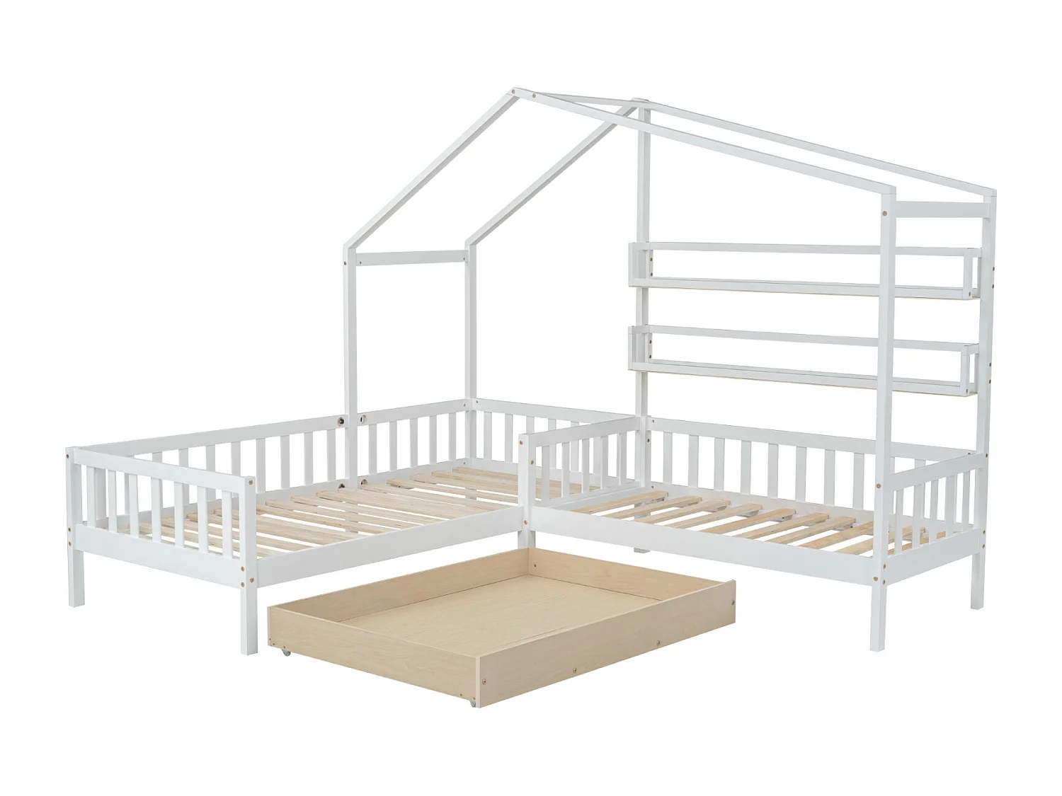 Letto per bambini in stile casetta con cassetti e ripiani, in legno massello con sponda e rete a doghe, struttura a L, bianco (90x200 cm + 140x70 cm)