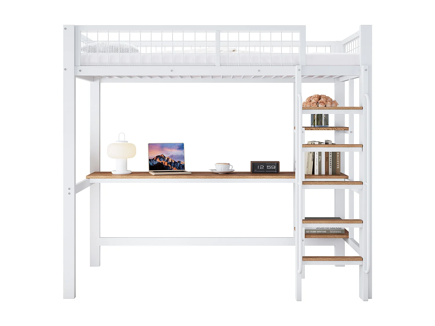 Letto a castello in ferro, per bambini/ragazzi, tavolo, mensole, scaletta a 5 gradini, cancelletto di sicurezza, ferro+MDF, bianco+naturale, 90x200cm