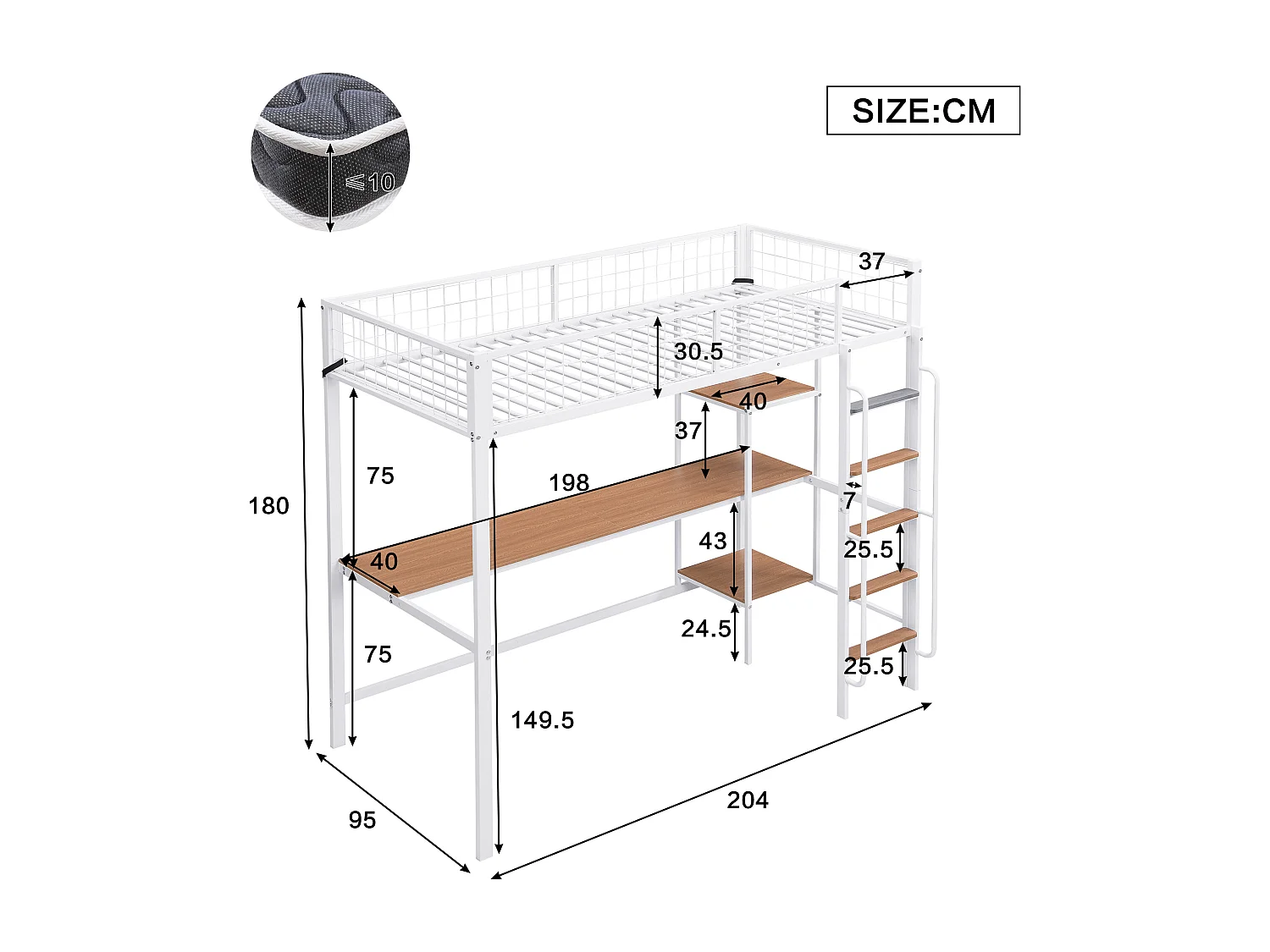 Letto a castello in ferro, per bambini/ragazzi, tavolo, mensole, scaletta a 5 gradini, cancelletto di sicurezza, ferro+MDF, bianco+naturale, 90x200cm
