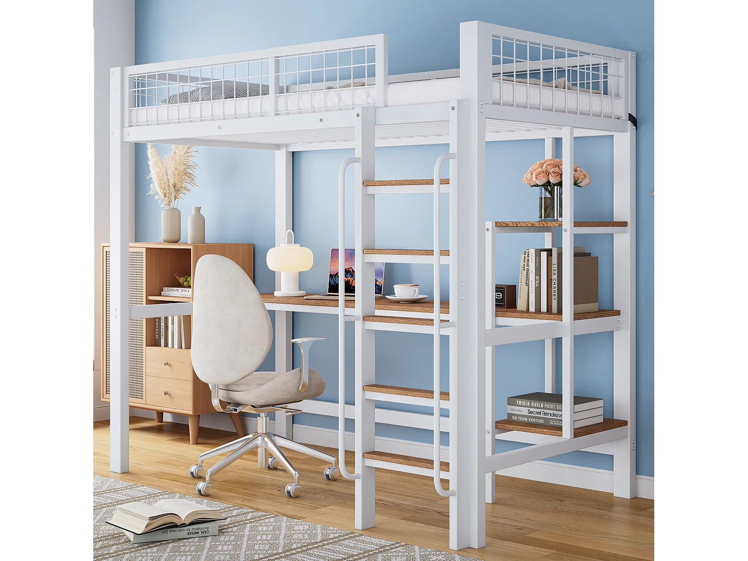 Letto a castello in ferro, per bambini/ragazzi, tavolo, mensole, scaletta a 5 gradini, cancelletto di sicurezza, ferro+MDF, bianco+naturale, 90x200cm