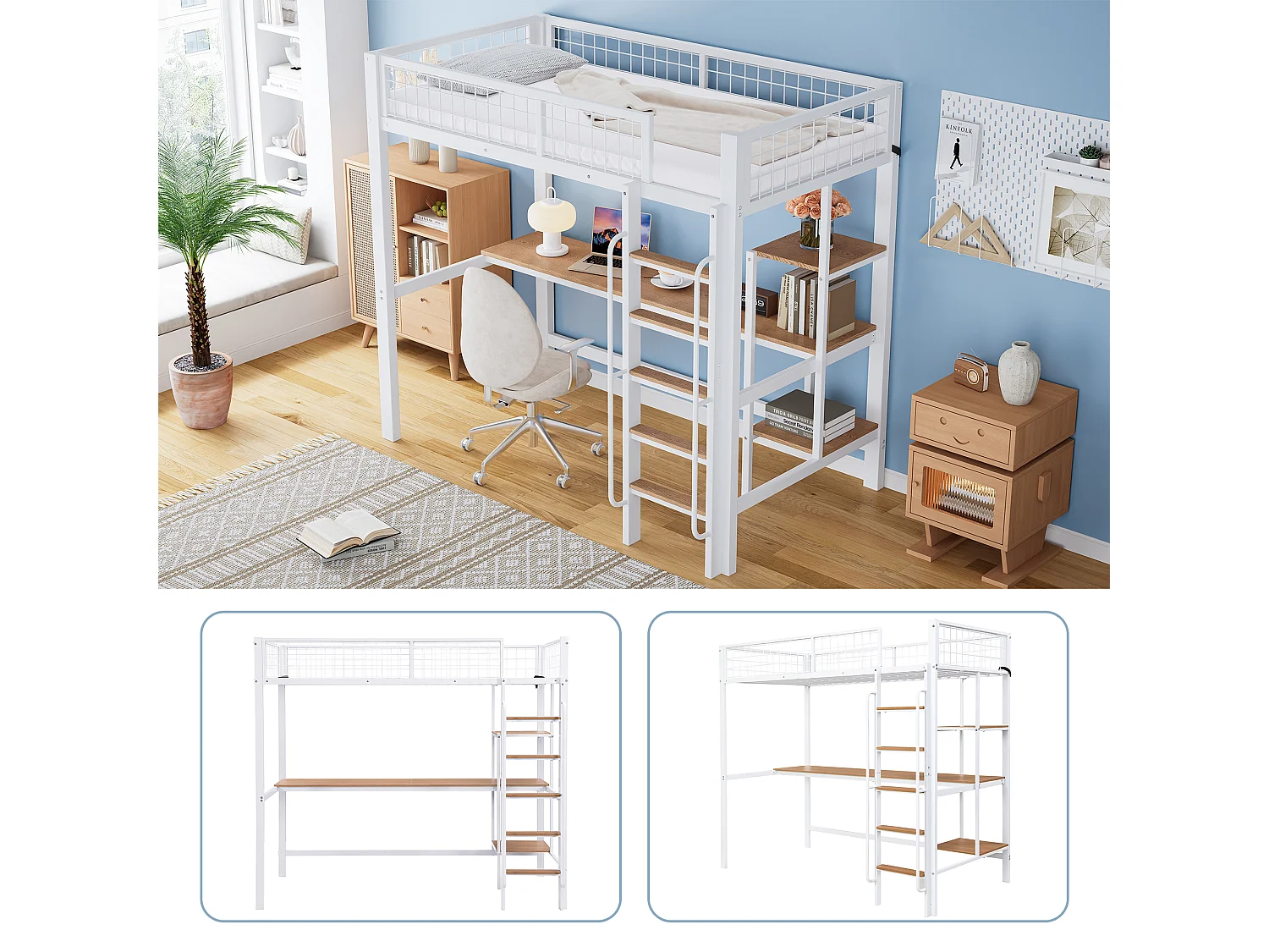 Letto a castello in ferro, per bambini/ragazzi, tavolo, mensole, scaletta a 5 gradini, cancelletto di sicurezza, ferro+MDF, bianco+naturale, 90x200cm