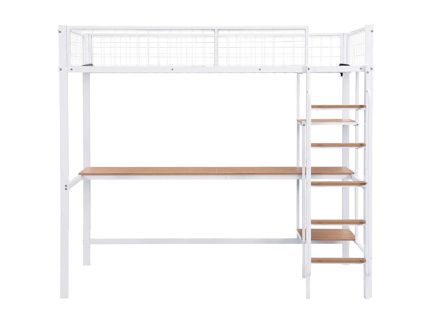 Letto a castello in ferro, per bambini/ragazzi, tavolo, mensole, scaletta a 5 gradini, cancelletto di sicurezza, ferro+MDF, bianco+naturale, 90x200cm