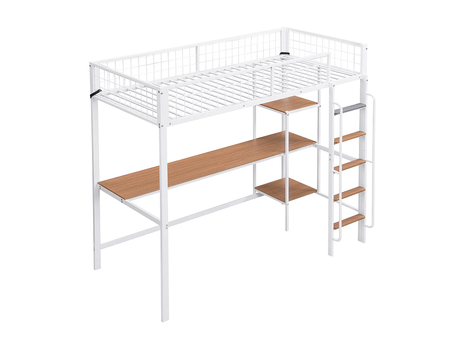 Letto a castello in ferro, per bambini/ragazzi, tavolo, mensole, scaletta a 5 gradini, cancelletto di sicurezza, ferro+MDF, bianco+naturale, 90x200cm