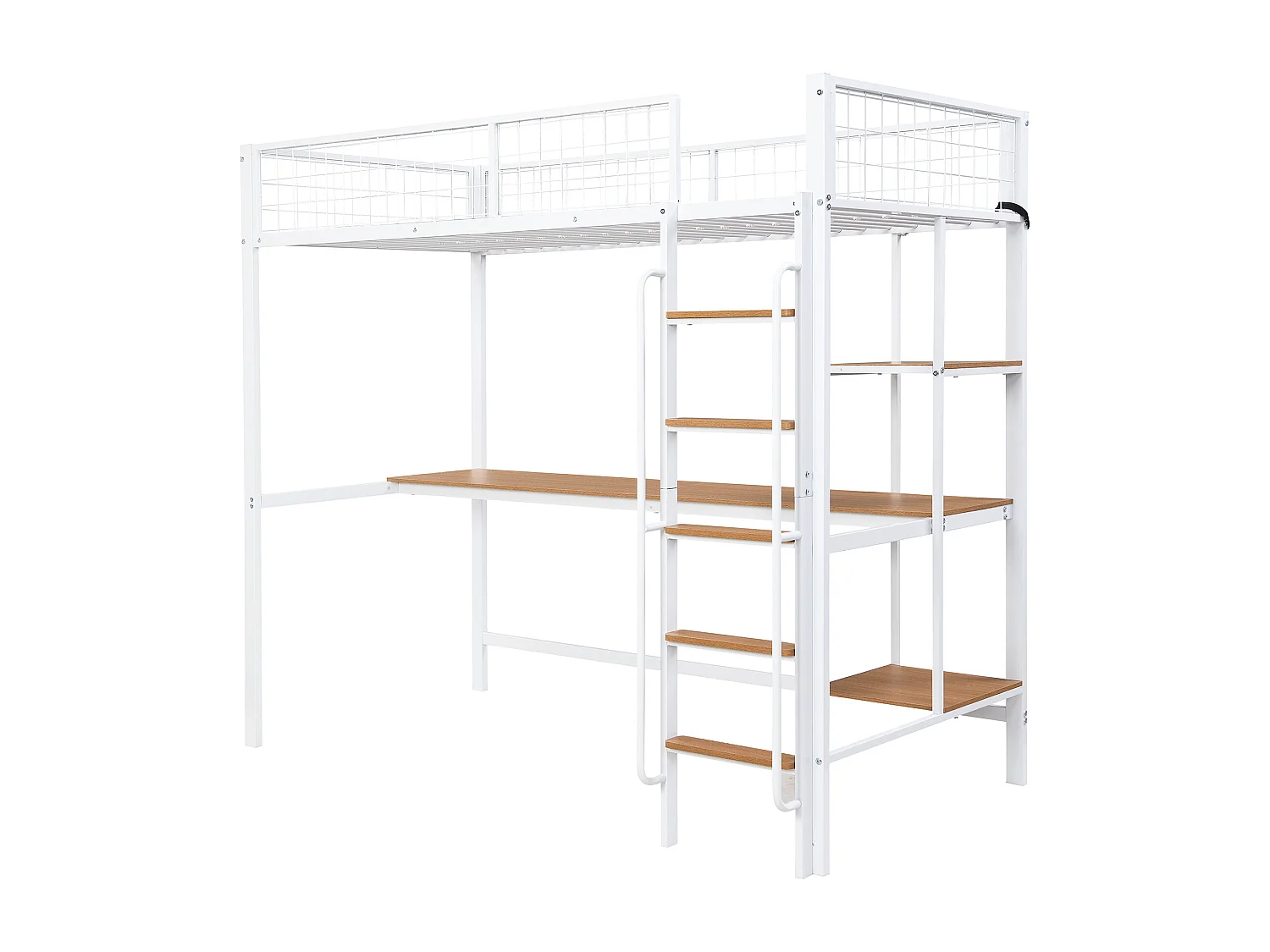 Letto a castello in ferro, per bambini/ragazzi, tavolo, mensole, scaletta a 5 gradini, cancelletto di sicurezza, ferro+MDF, bianco+naturale, 90x200cm