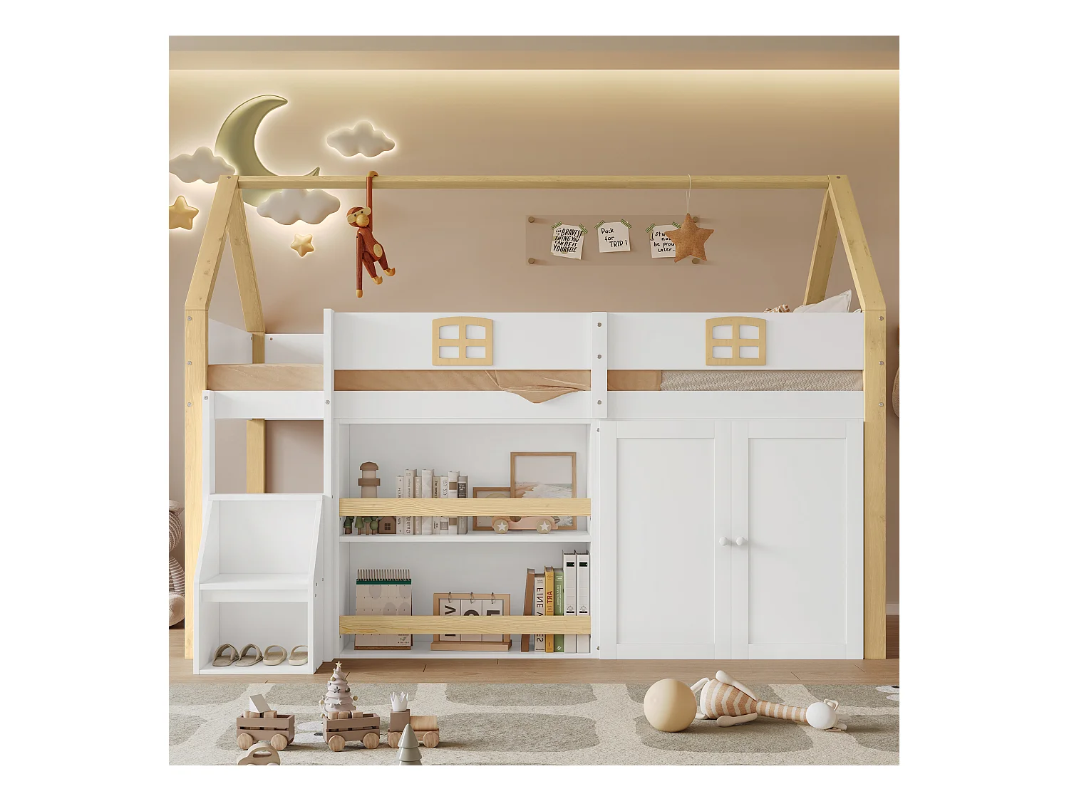 Lit superposé en bois, haut, échelle 2 marches (rangement), rangements (étagères, penderie), toit, fenêtres, clôtures, blanc+naturel, 90x200cm
