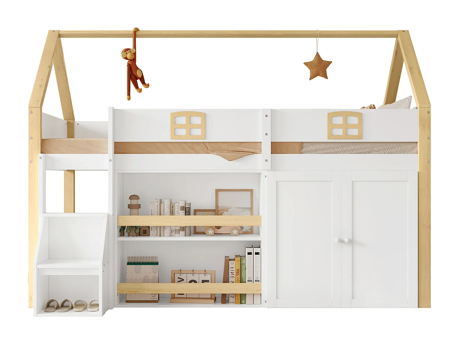 Houten stapelbed, hoog, 2-traps ladder (opbergruimte), opbergruimte (planken, kledingkast), dak, ramen, schuttingen, wit + naturel, 90x200cm