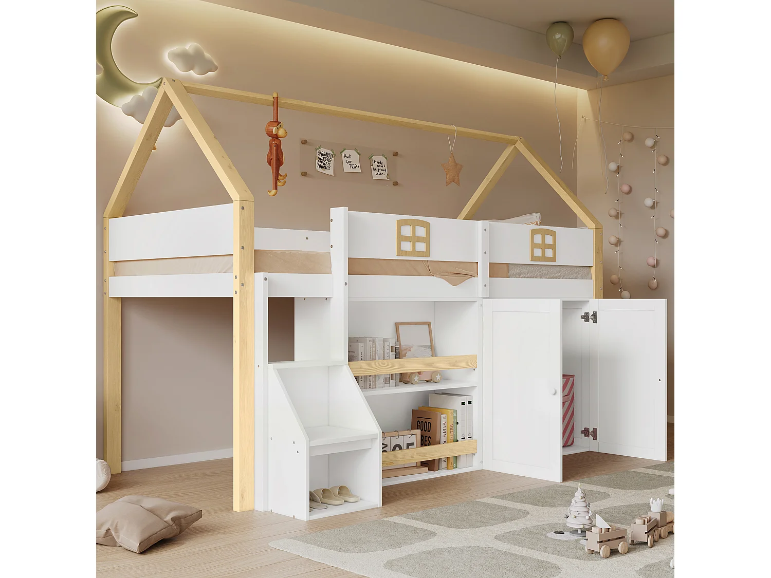 Houten stapelbed, hoog, 2-traps ladder (opbergruimte), opbergruimte (planken, kledingkast), dak, ramen, schuttingen, wit + naturel, 90x200cm