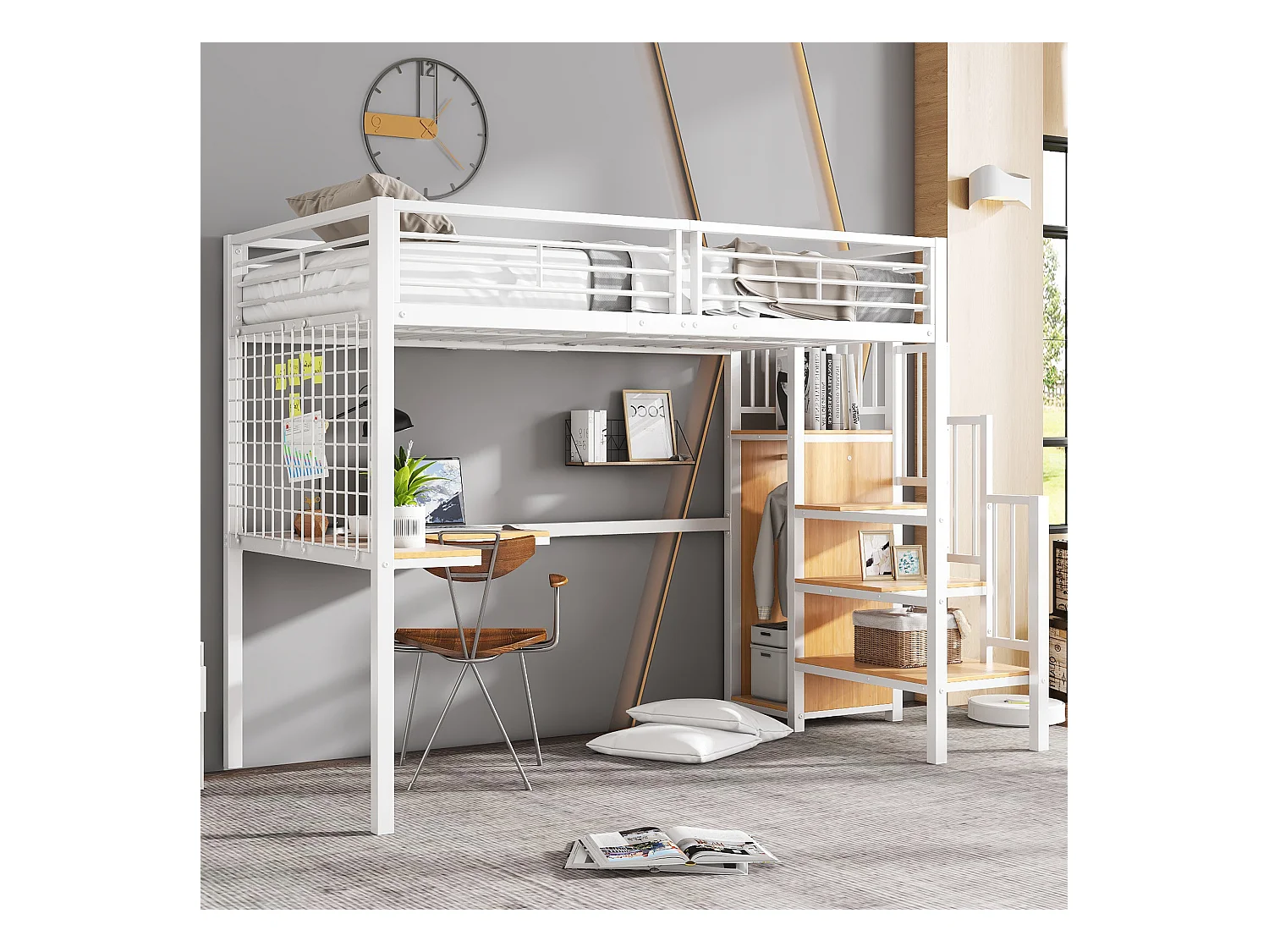 IJzeren bed, stapelbed, hoog, kinderen/tieners, tafel, kledingkast, zijladder (leuning), ijzer + spaanplaat, wit + naturel, 90x200cm