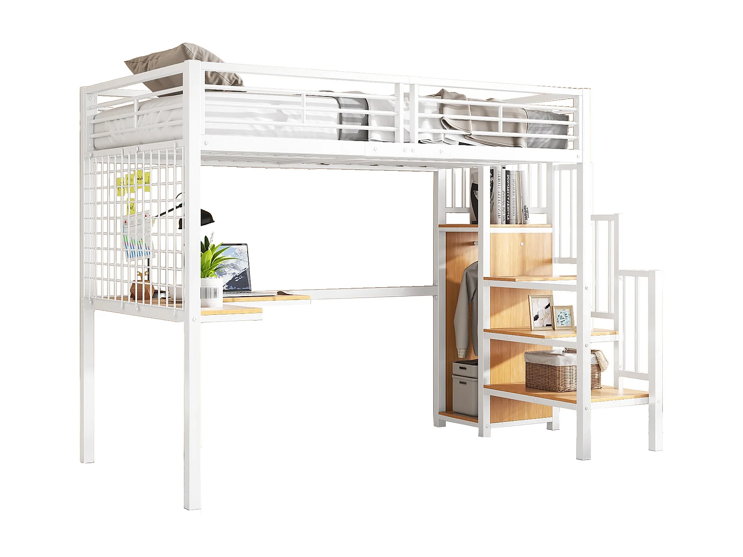 IJzeren bed, stapelbed, hoog, kinderen/tieners, tafel, kledingkast, zijladder (leuning), ijzer + spaanplaat, wit + naturel, 90x200cm