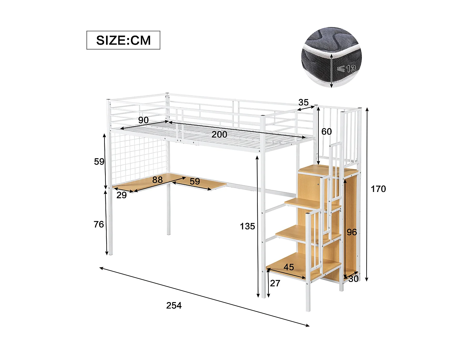 IJzeren bed, stapelbed, hoog, kinderen/tieners, tafel, kledingkast, zijladder (leuning), ijzer + spaanplaat, wit + naturel, 90x200cm