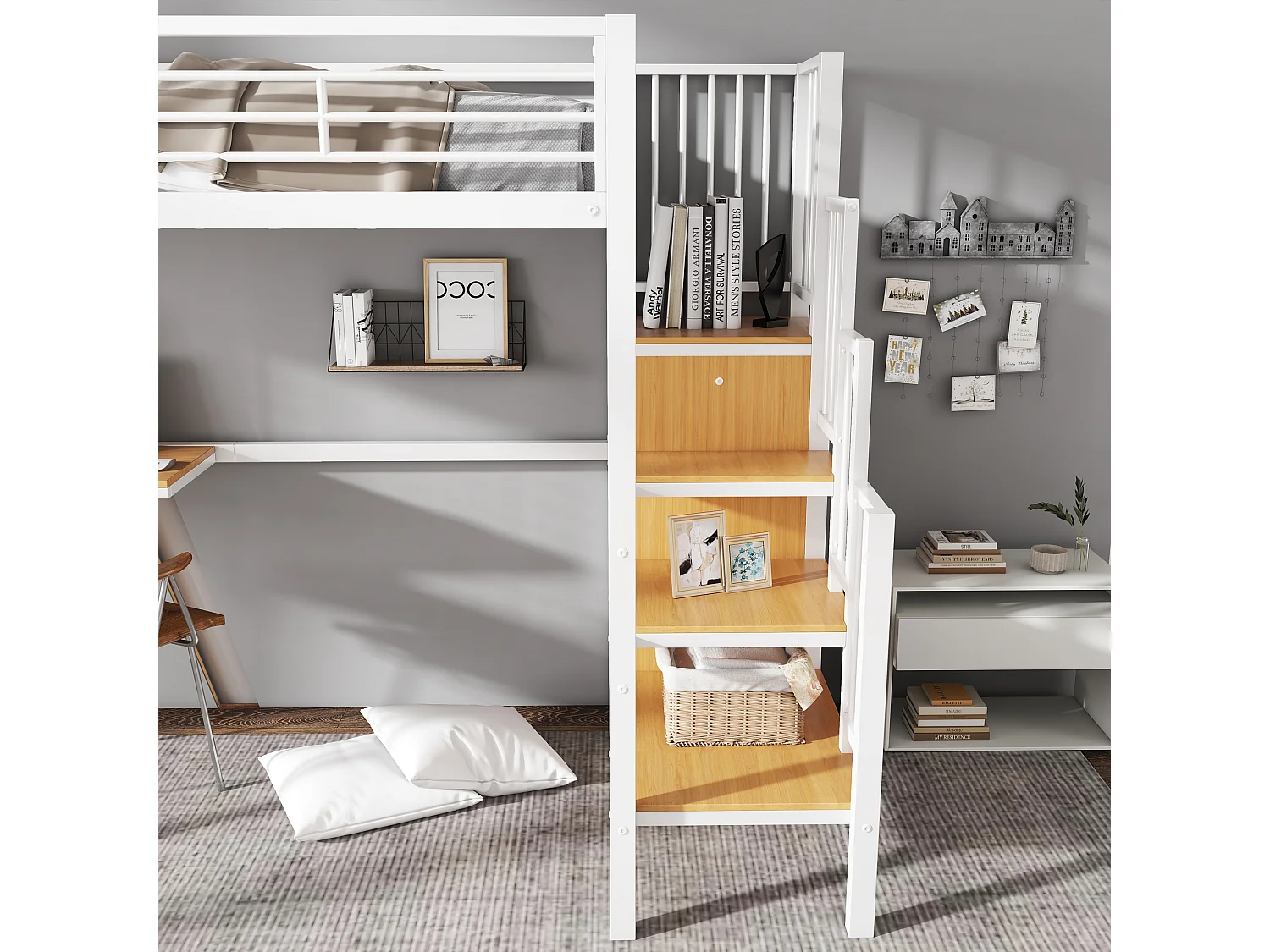 IJzeren bed, stapelbed, hoog, kinderen/tieners, tafel, kledingkast, zijladder (leuning), ijzer + spaanplaat, wit + naturel, 90x200cm