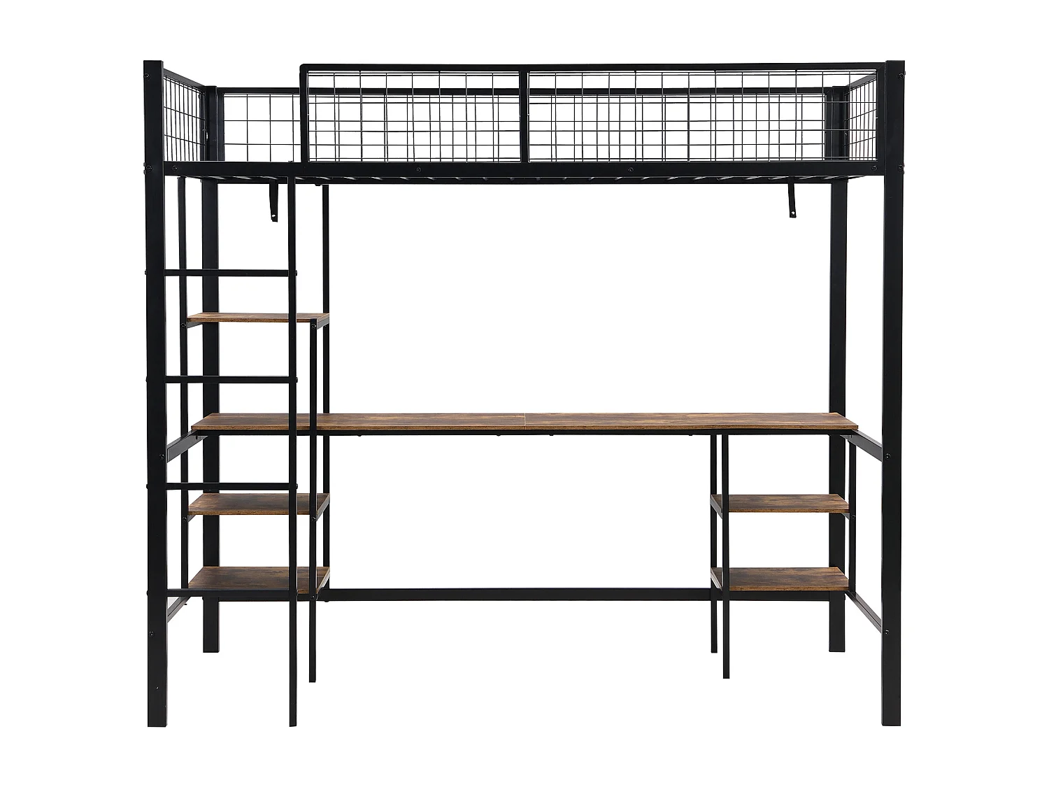 Lit superposé en fer, enfants/adolescents, table, étagère, échelle 4 marches, fer+aggloméré, noir+bois foncé, 90x200cm