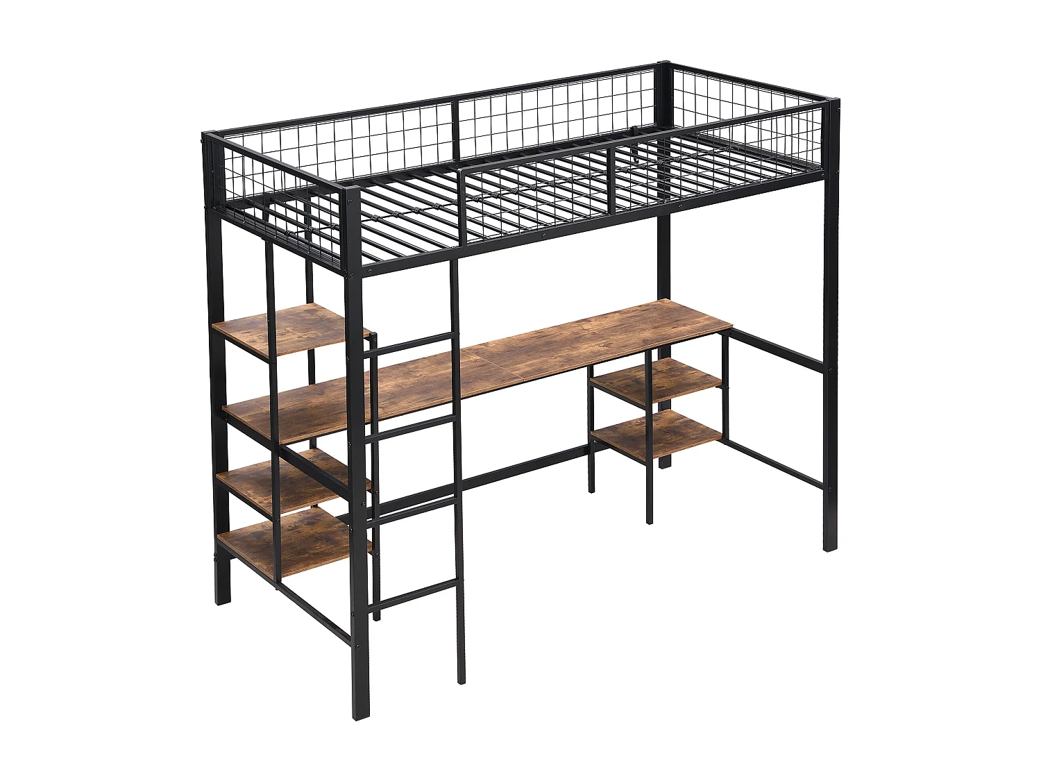 Lit superposé en fer, enfants/adolescents, table, étagère, échelle 4 marches, fer+aggloméré, noir+bois foncé, 90x200cm