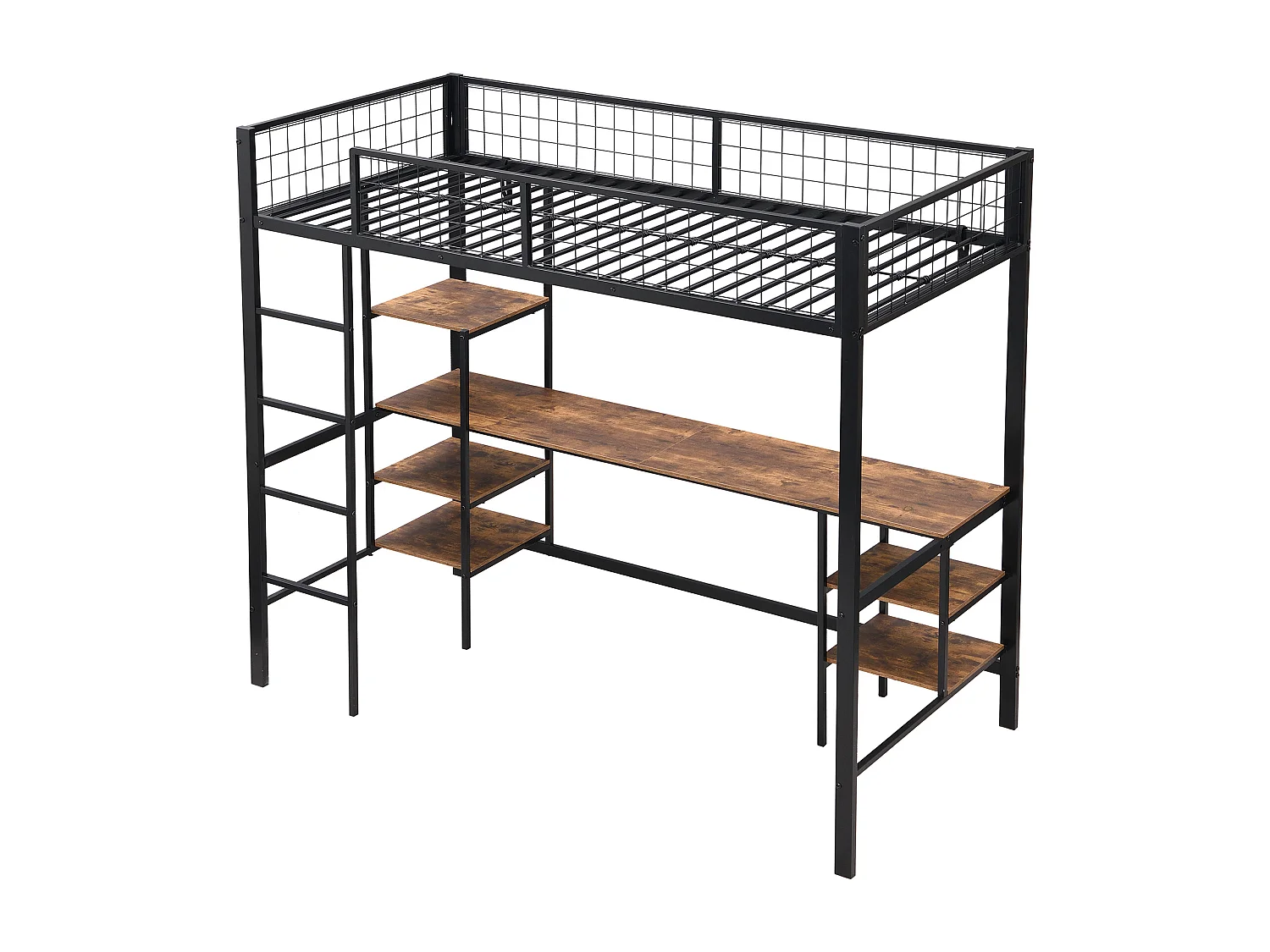 Lit superposé en fer, enfants/adolescents, table, étagère, échelle 4 marches, fer+aggloméré, noir+bois foncé, 90x200cm