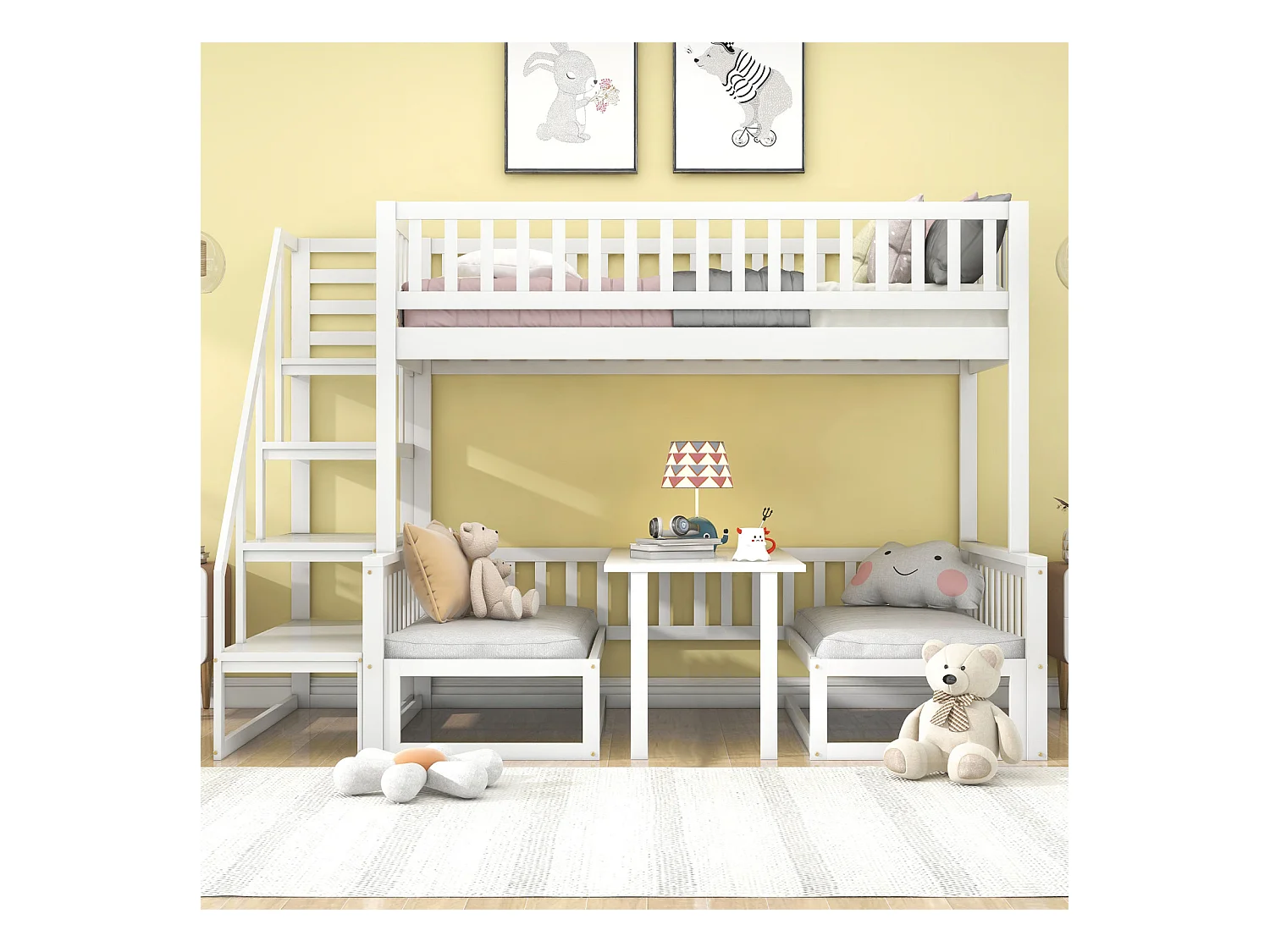 Lit superposé compact avec échelle, table réglable et canapé en bois, cadre en pin robuste, blanc (90 x 200 cm et 120 x 200 cm)