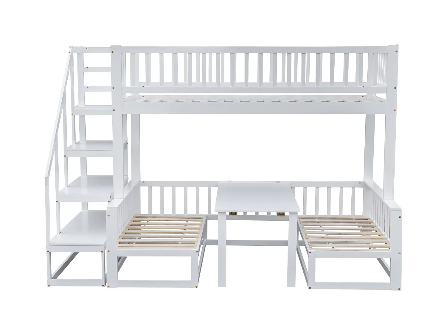 Lit superposé compact avec échelle, table réglable et canapé en bois, cadre en pin robuste, blanc (90 x 200 cm et 120 x 200 cm)