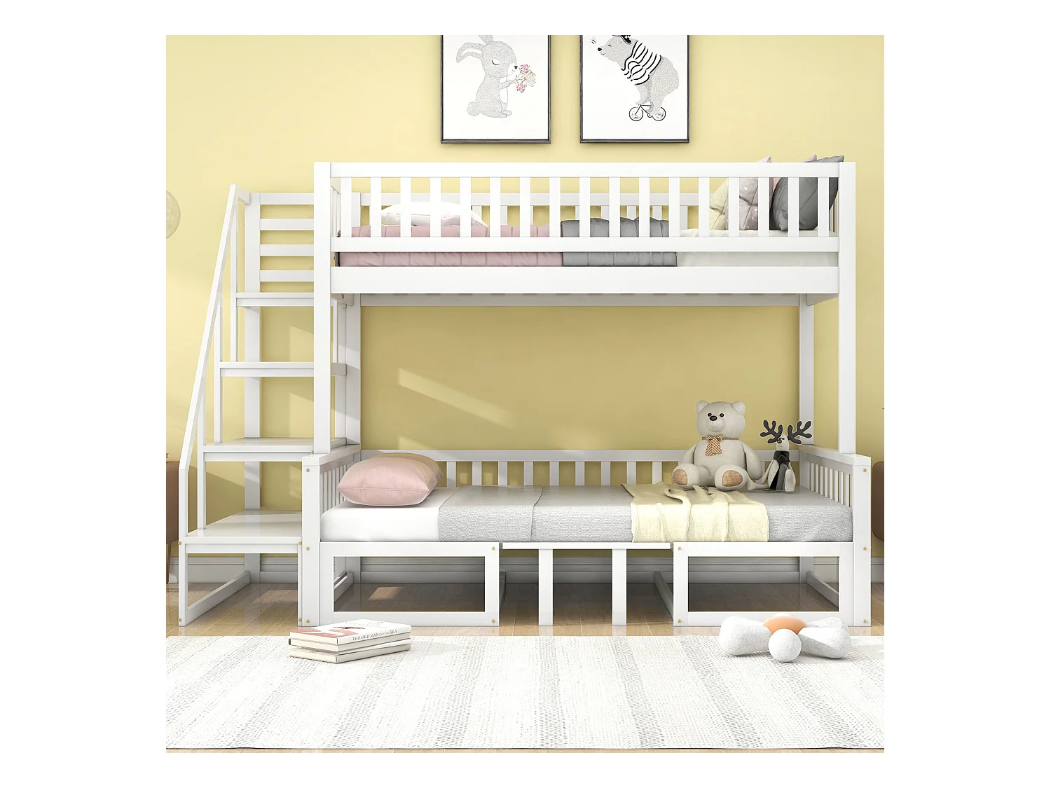 Lit superposé compact avec échelle, table réglable et canapé en bois, cadre en pin robuste, blanc (90 x 200 cm et 120 x 200 cm)