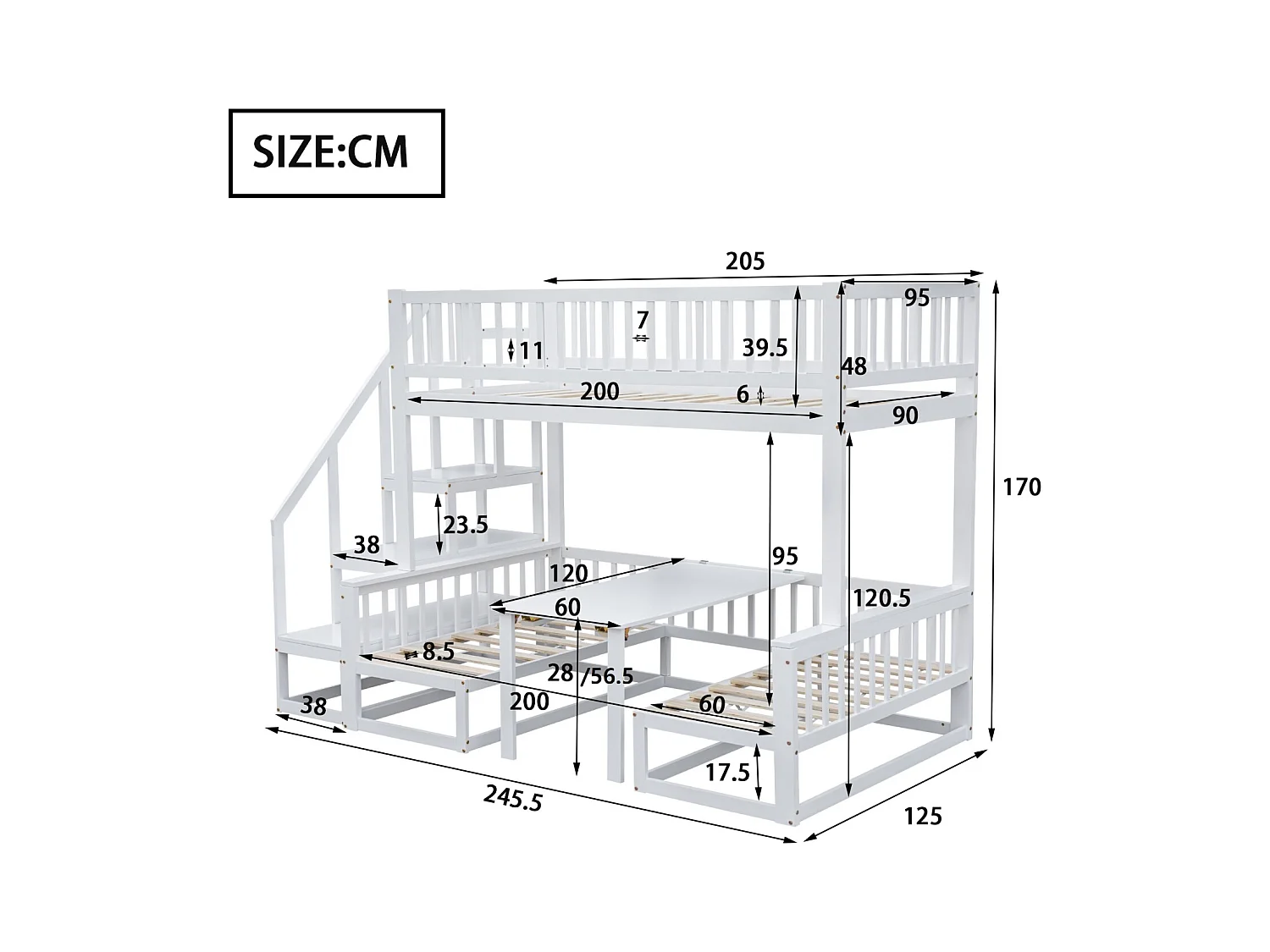 Lit superposé compact avec échelle, table réglable et canapé en bois, cadre en pin robuste, blanc (90 x 200 cm et 120 x 200 cm)