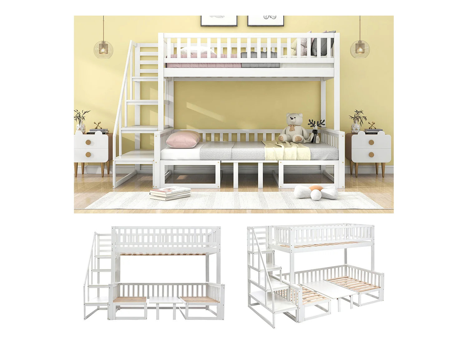 Lit superposé compact avec échelle, table réglable et canapé en bois, cadre en pin robuste, blanc (90 x 200 cm et 120 x 200 cm)