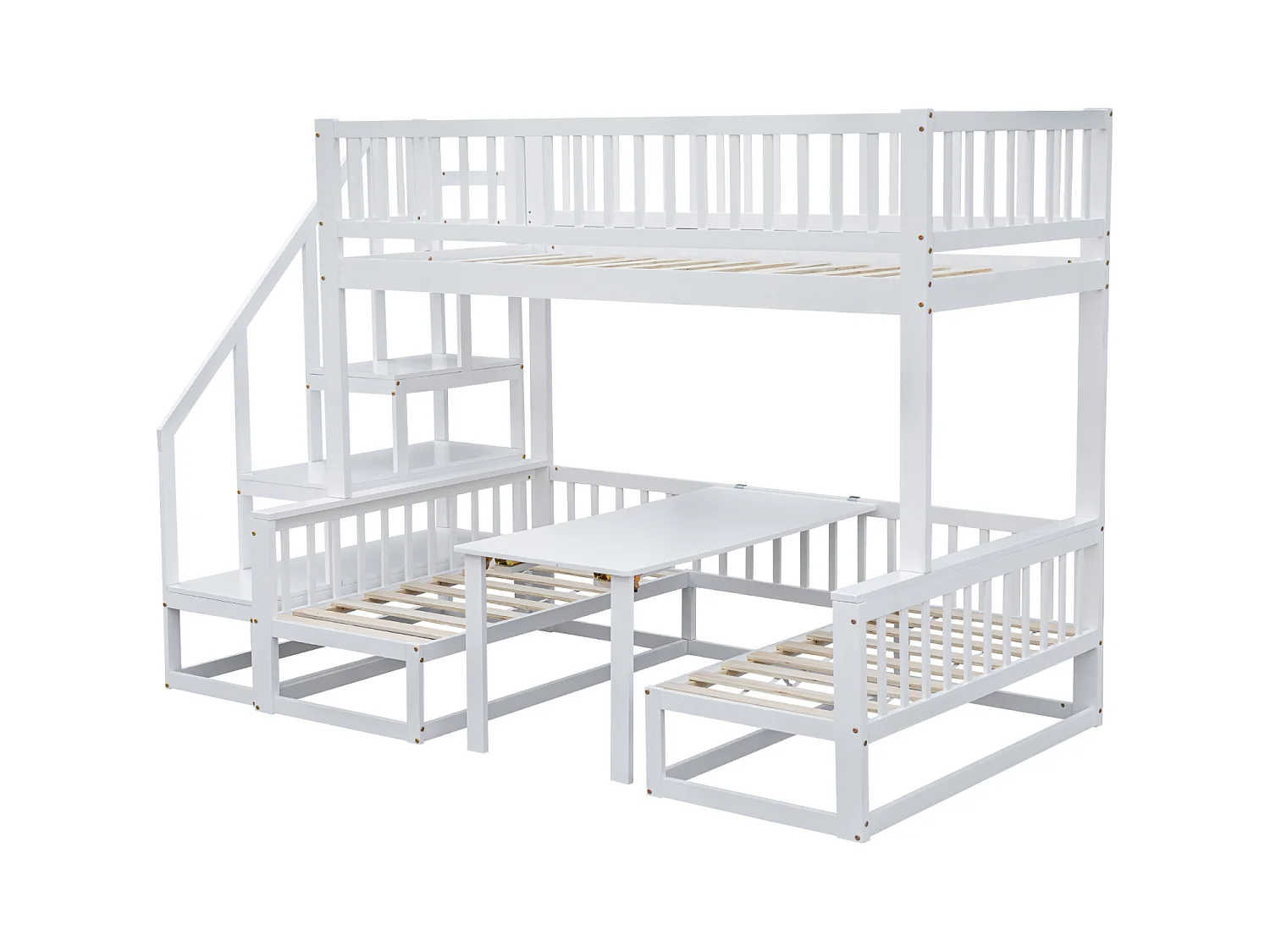 Lit superposé compact avec échelle, table réglable et canapé en bois, cadre en pin robuste, blanc (90 x 200 cm et 120 x 200 cm)