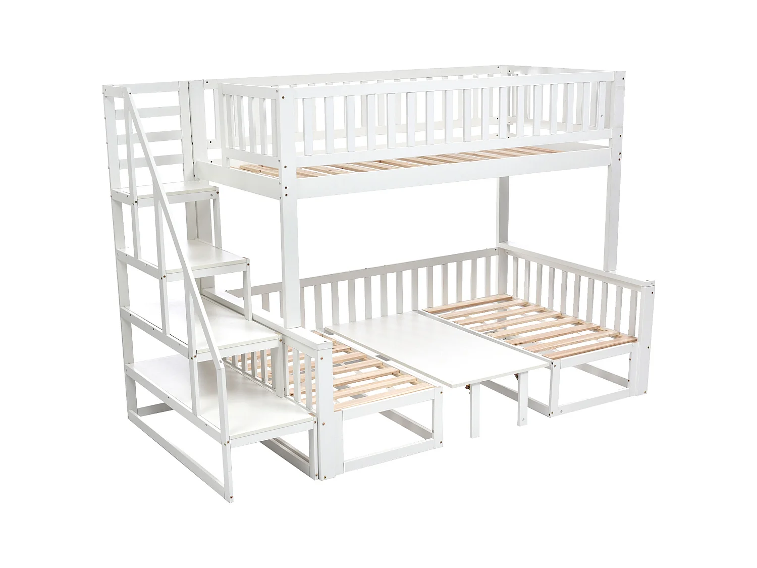 Lit superposé compact avec échelle, table réglable et canapé en bois, cadre en pin robuste, blanc (90 x 200 cm et 120 x 200 cm)