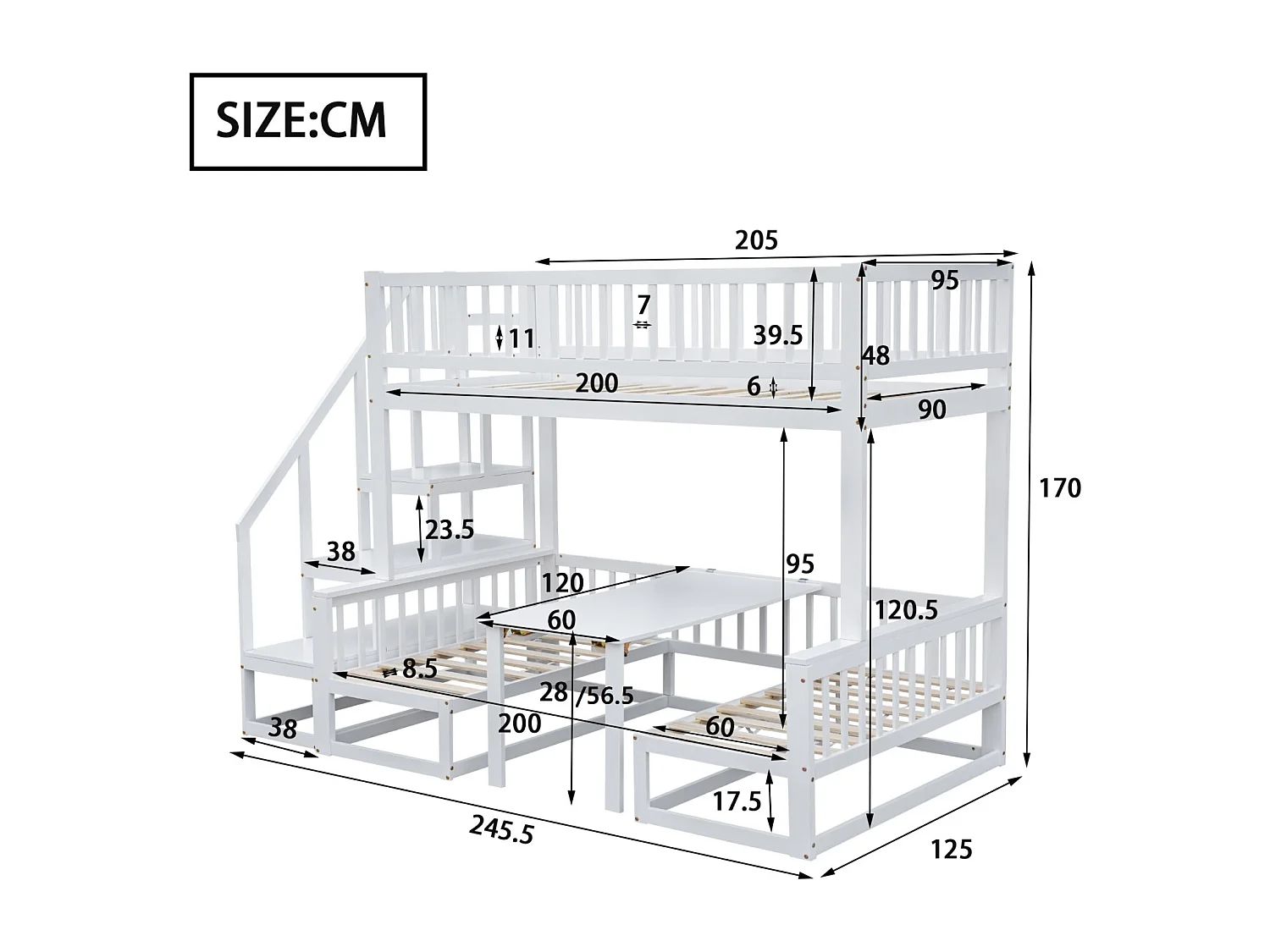 Lit superposé compact avec échelle, table réglable et canapé en bois, cadre en pin robuste, blanc (90 x 200 cm et 120 x 200 cm)