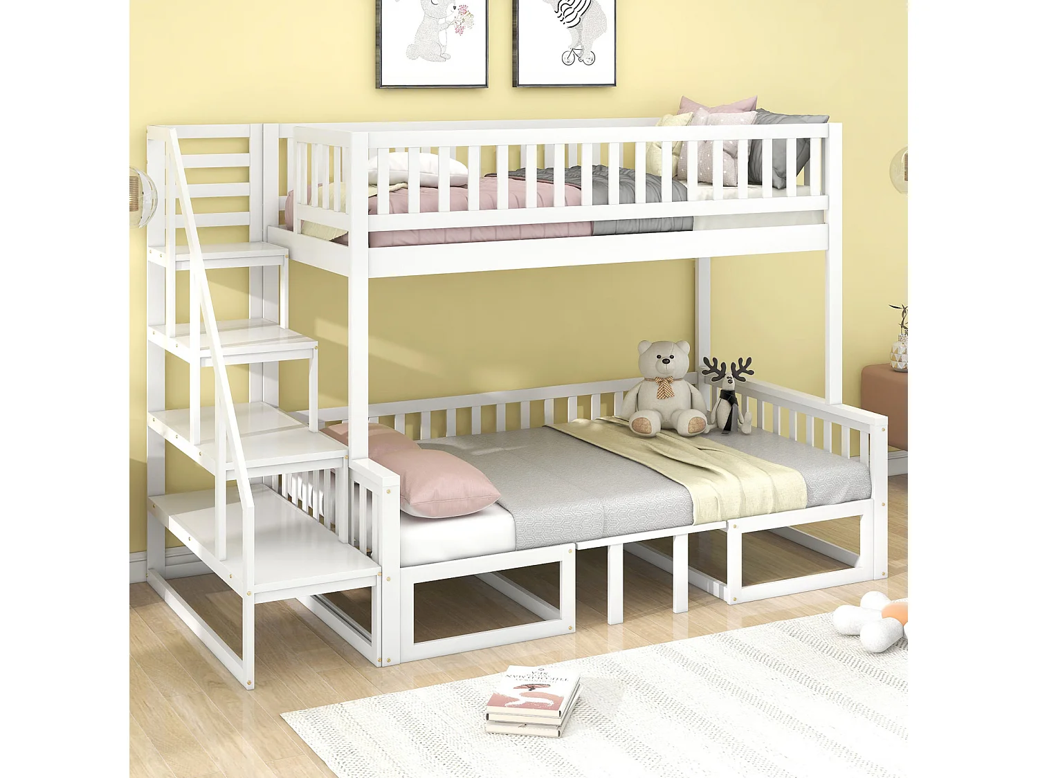 Lit superposé compact avec échelle, table réglable et canapé en bois, cadre en pin robuste, blanc (90 x 200 cm et 120 x 200 cm)