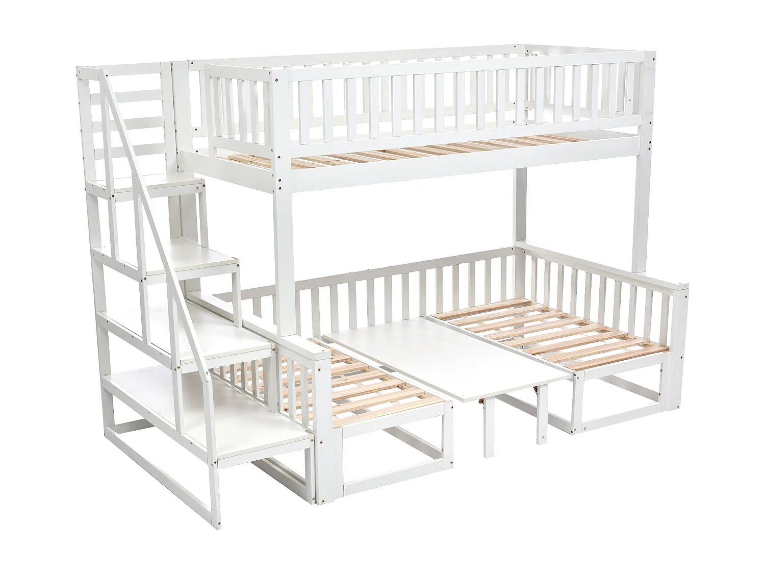 Lit superposé compact avec échelle, table réglable et canapé en bois, cadre en pin robuste, blanc (90 x 200 cm et 120 x 200 cm)