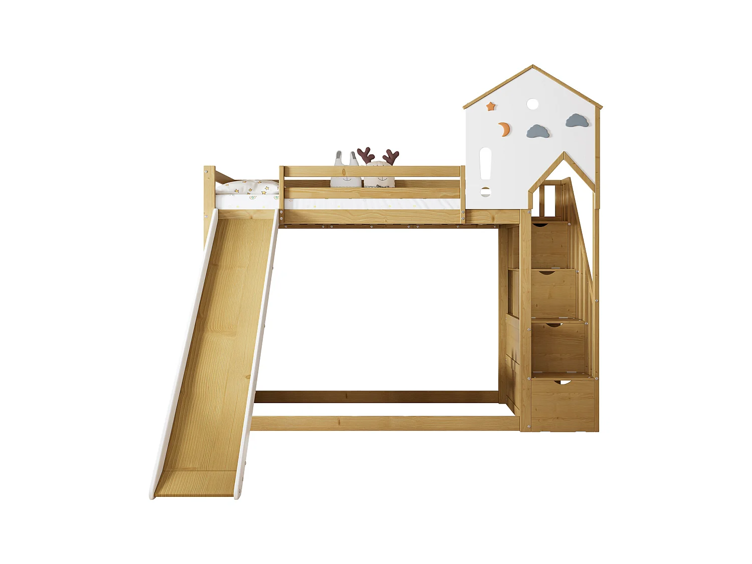 Lit superposé enfant, échelle d'angle, toit, fenêtre, 3 casiers, échelle, toboggan, pin + MDF, blanc + naturel, 90x200cm