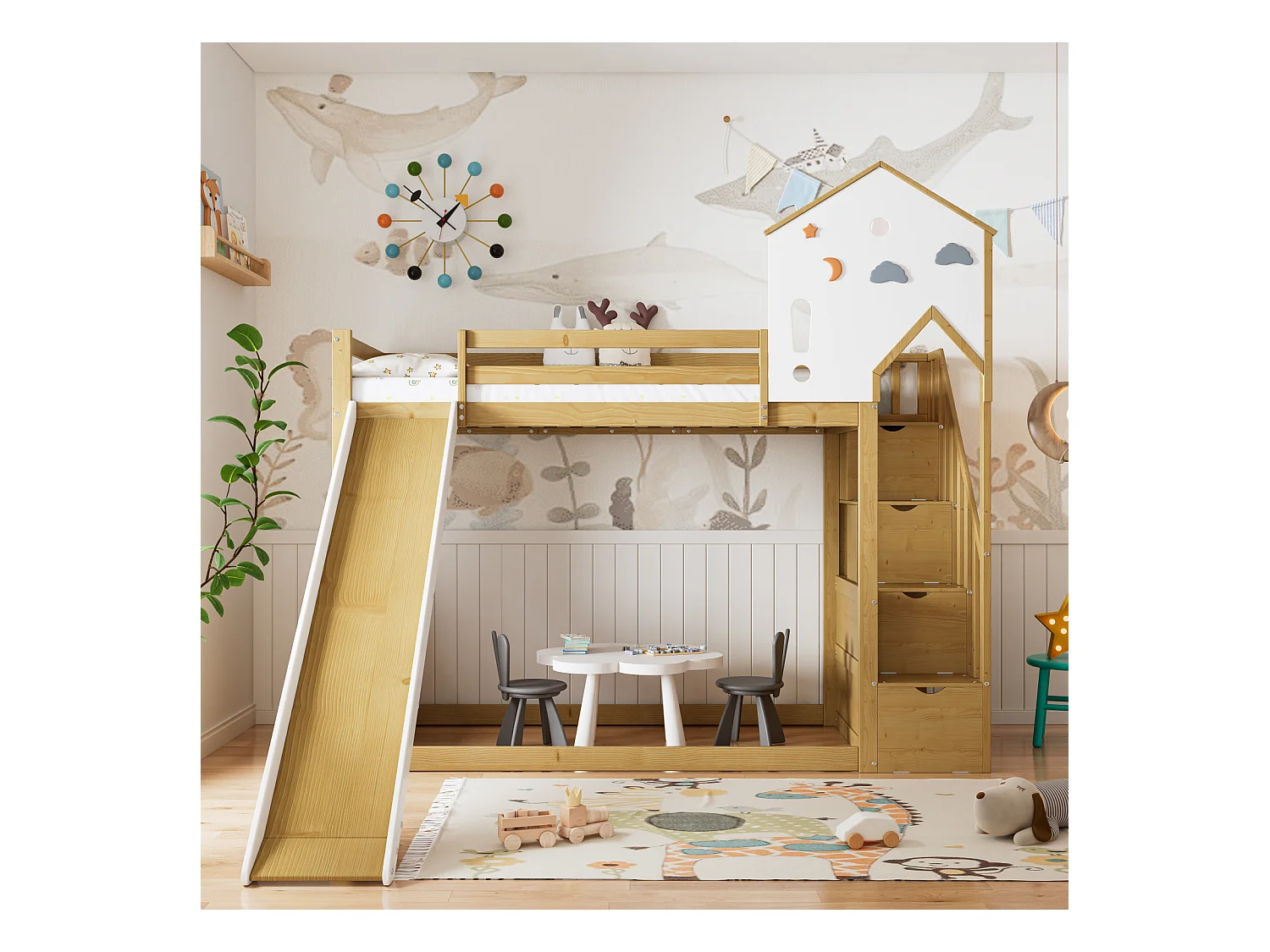 Lit superposé enfant, échelle d'angle, toit, fenêtre, 3 casiers, échelle, toboggan, pin + MDF, blanc + naturel, 90x200cm