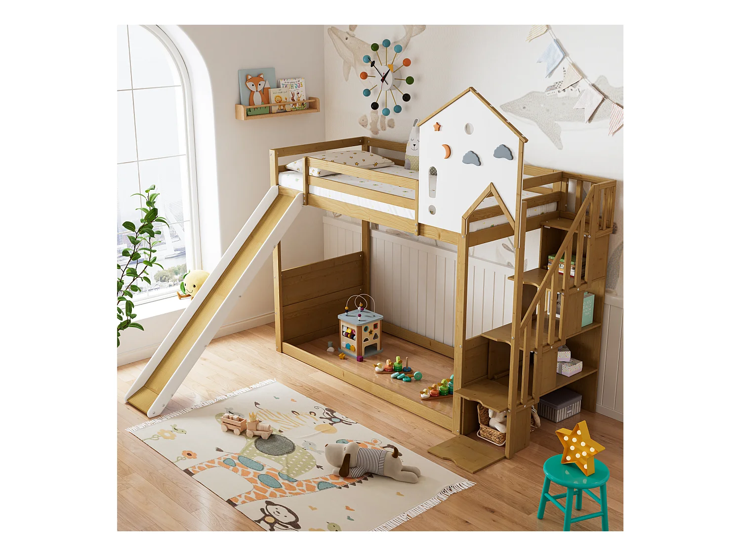 Lit superposé enfant, échelle d'angle, toit, fenêtre, 3 casiers, échelle, toboggan, pin + MDF, blanc + naturel, 90x200cm