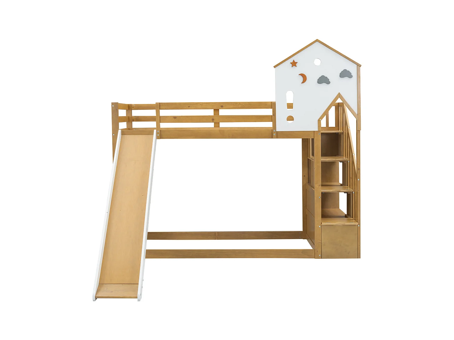 Lit superposé enfant, échelle d'angle, toit, fenêtre, 3 casiers, échelle, toboggan, pin + MDF, blanc + naturel, 90x200cm