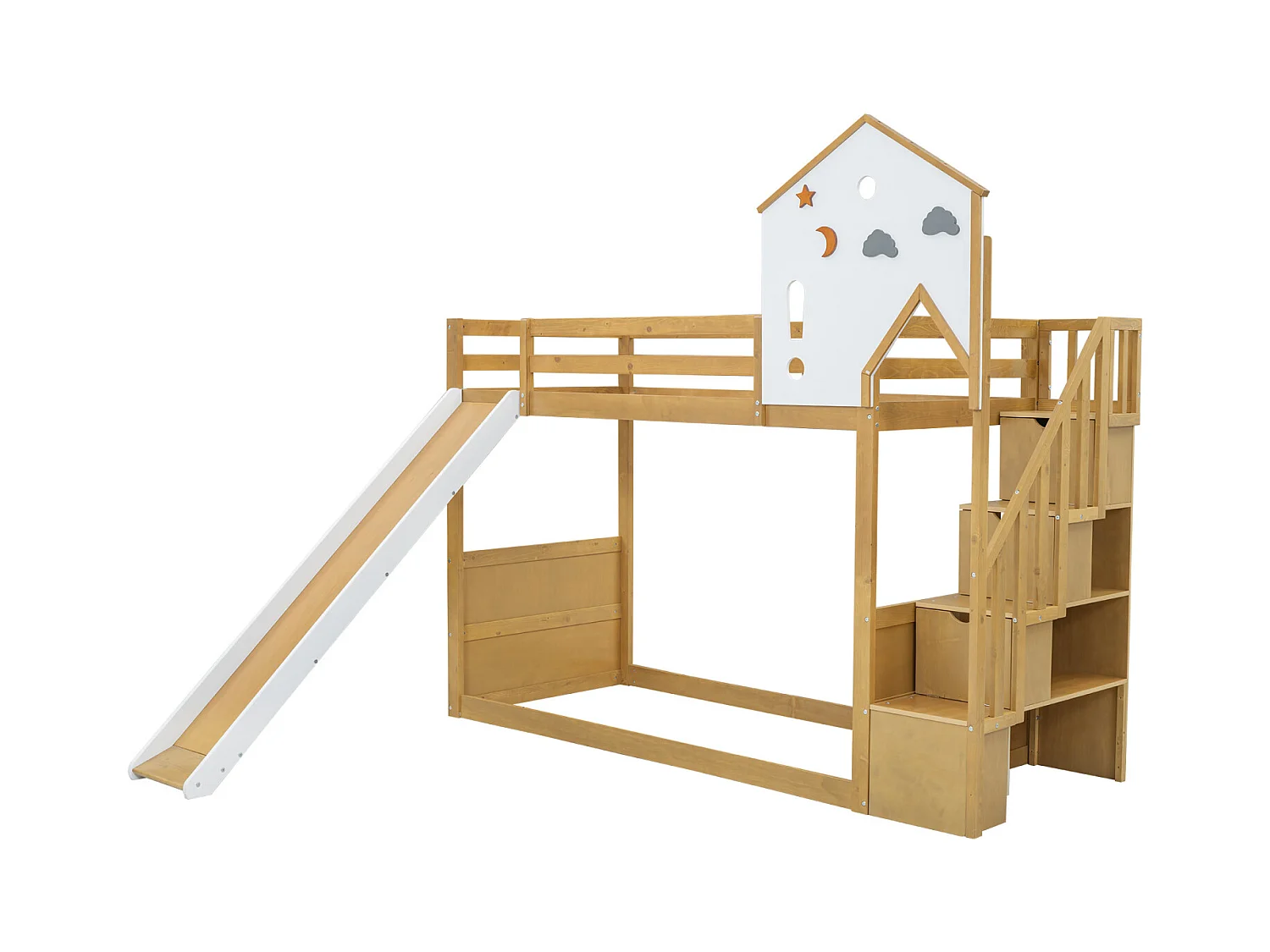 Lit superposé enfant, échelle d'angle, toit, fenêtre, 3 casiers, échelle, toboggan, pin + MDF, blanc + naturel, 90x200cm