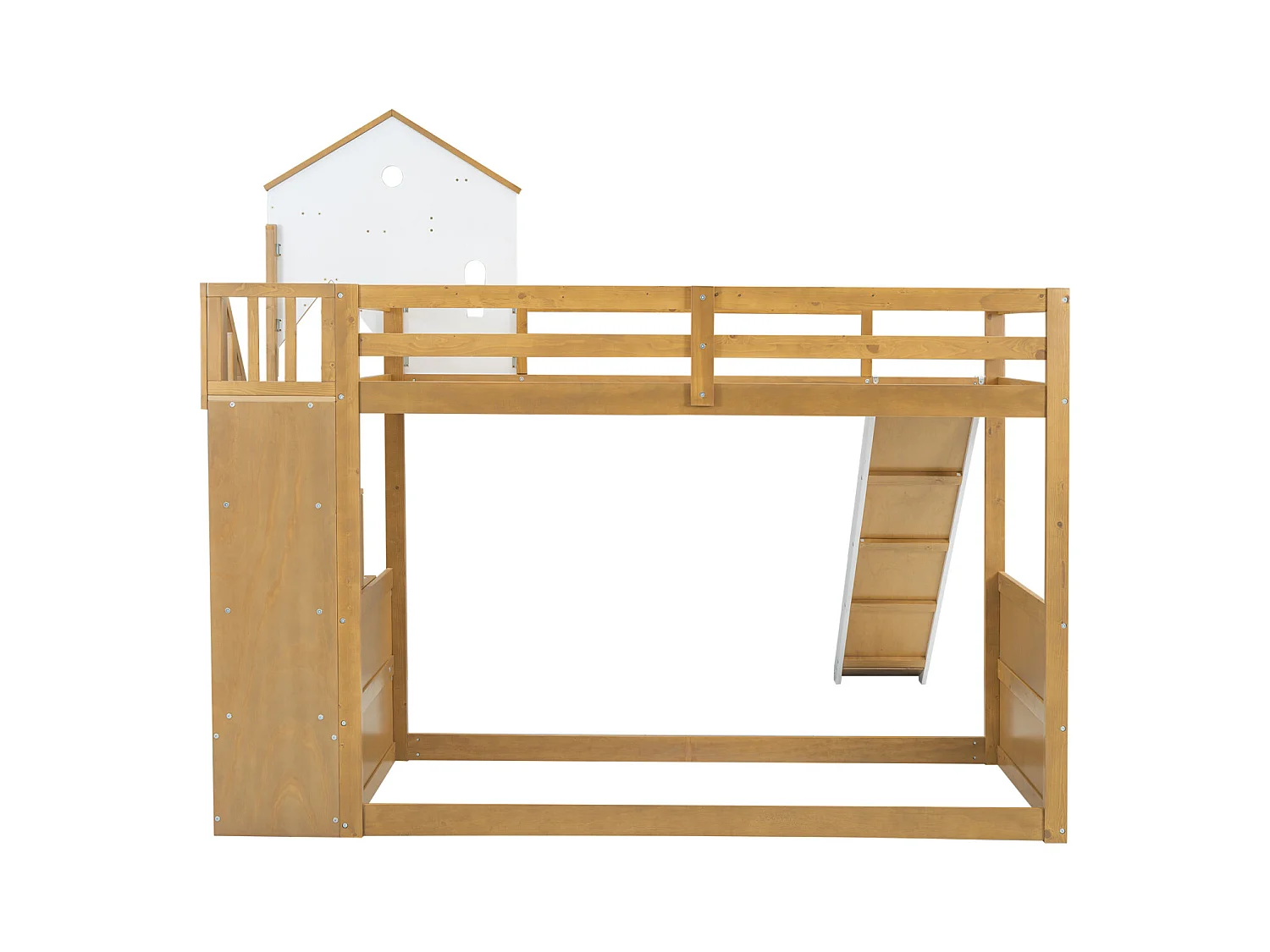 Lit superposé enfant, échelle d'angle, toit, fenêtre, 3 casiers, échelle, toboggan, pin + MDF, blanc + naturel, 90x200cm