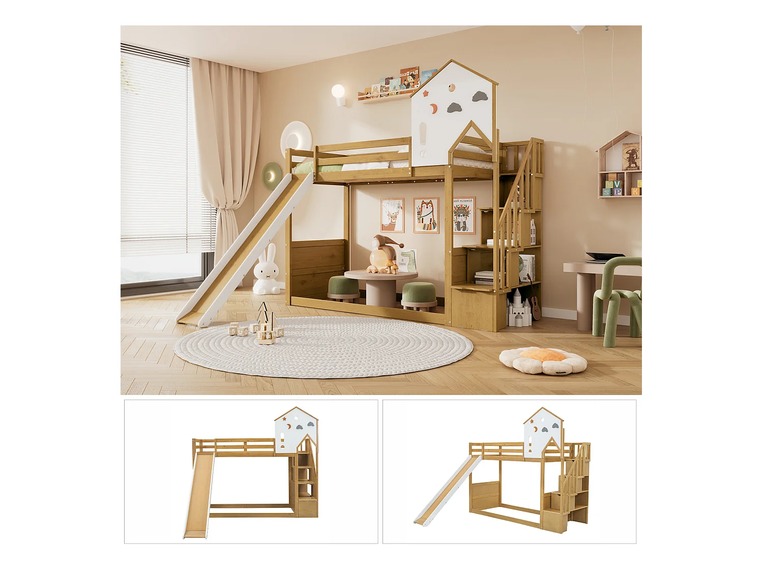 Litera cama-casa infantil, escalera esquinera, techo, ventana, 3 taquillas escalera, tobogán, pino+MDF, blanco+natural, 90x200cm