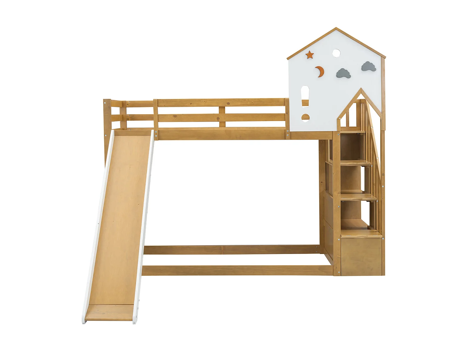 Letto a castello per bambini, scala angolare, tetto, finestra, 3 armadietti, scala, scivolo, pino + MDF, bianco + naturale, 90x200cm