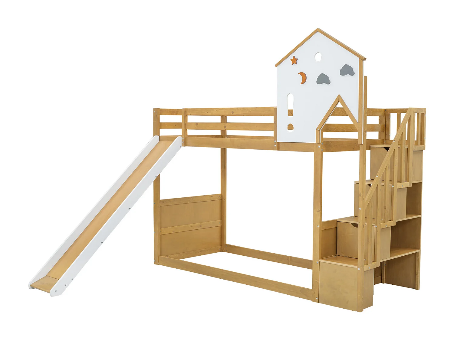 Letto a castello per bambini, scala angolare, tetto, finestra, 3 armadietti, scala, scivolo, pino + MDF, bianco + naturale, 90x200cm