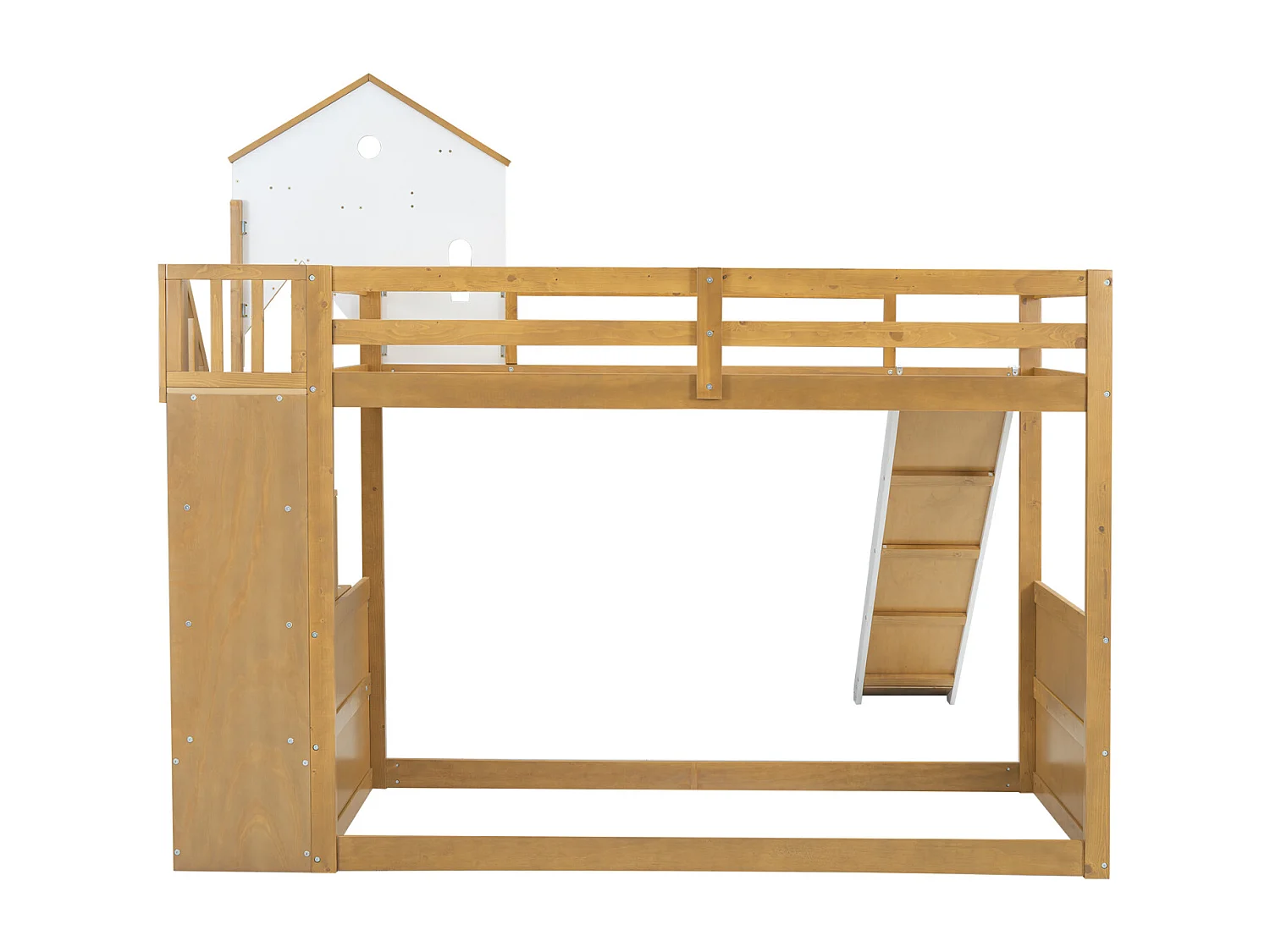 Letto a castello per bambini, scala angolare, tetto, finestra, 3 armadietti, scala, scivolo, pino + MDF, bianco + naturale, 90x200cm