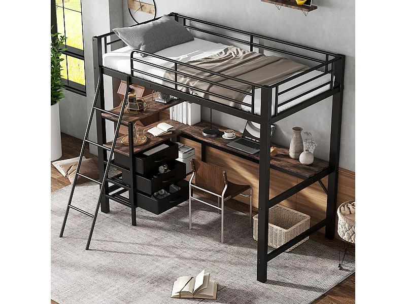 Stapelbed van ijzer, kinderen/tieners, 3 lades, tafel van 2 m, 4-traps schuine ladder, ijzer + spaanplaat, zwart + donker notenhout, 90x200cm