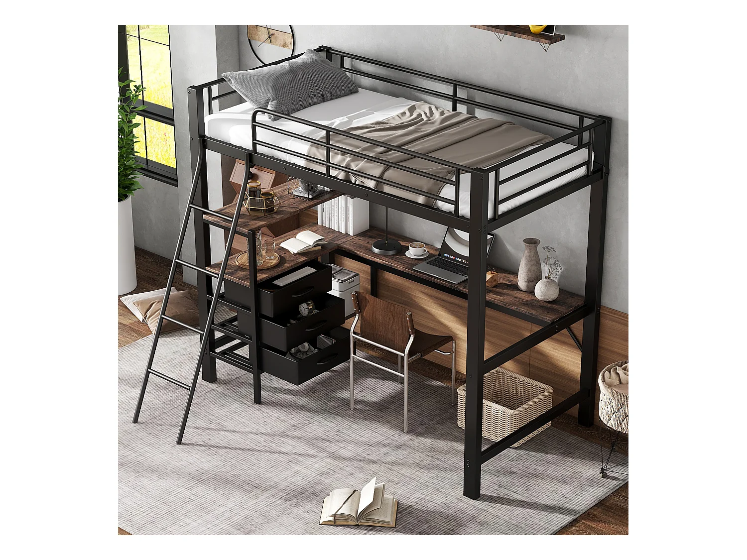 Lit superposé en fer, enfants/adolescents, 3 tiroirs, table de 2 m, échelle inclinée 4 marches, fer+aggloméré, noir+noyer foncé, 90x200cm