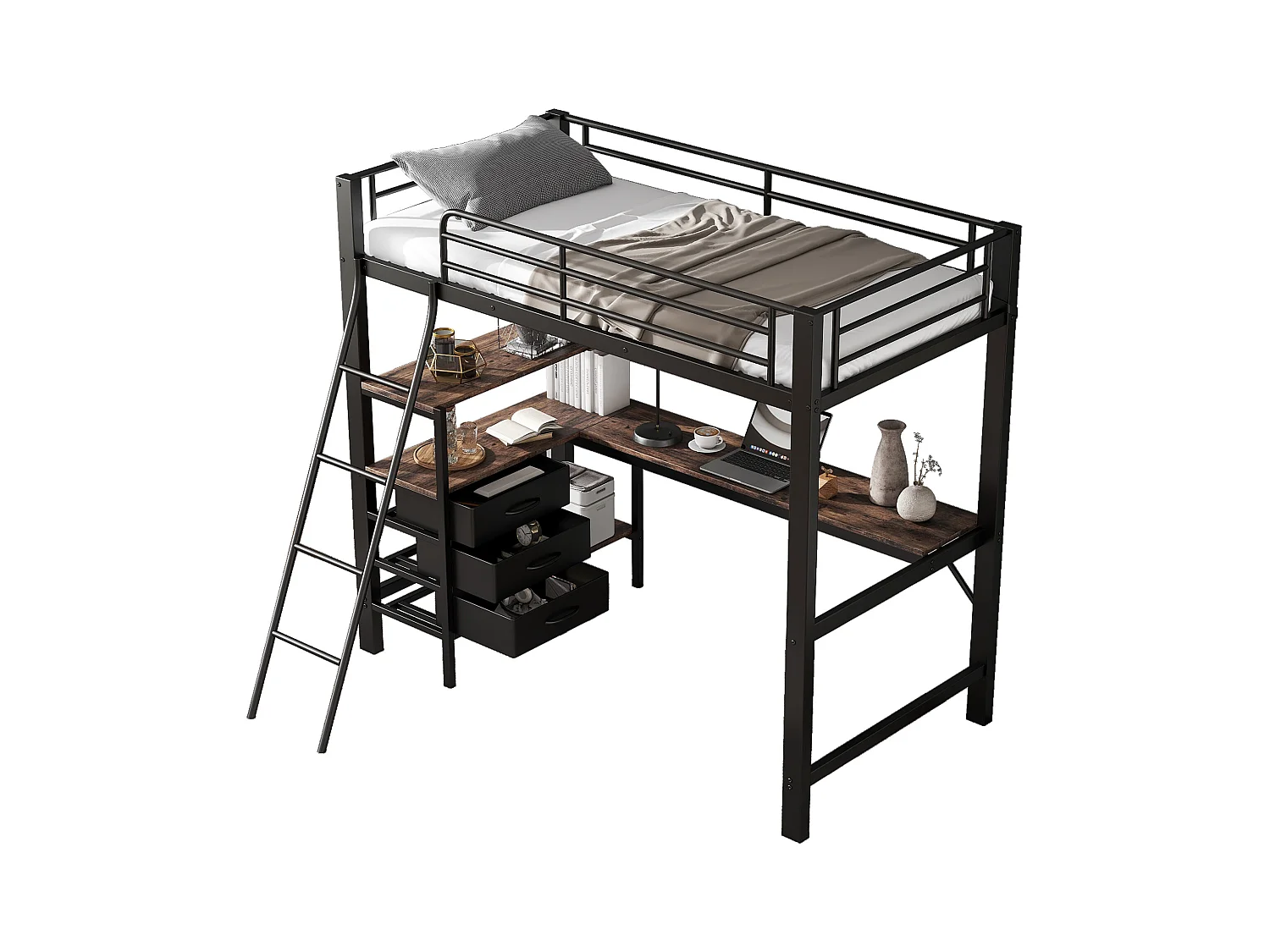 Lit superposé en fer, enfants/adolescents, 3 tiroirs, table de 2 m, échelle inclinée 4 marches, fer+aggloméré, noir+noyer foncé, 90x200cm