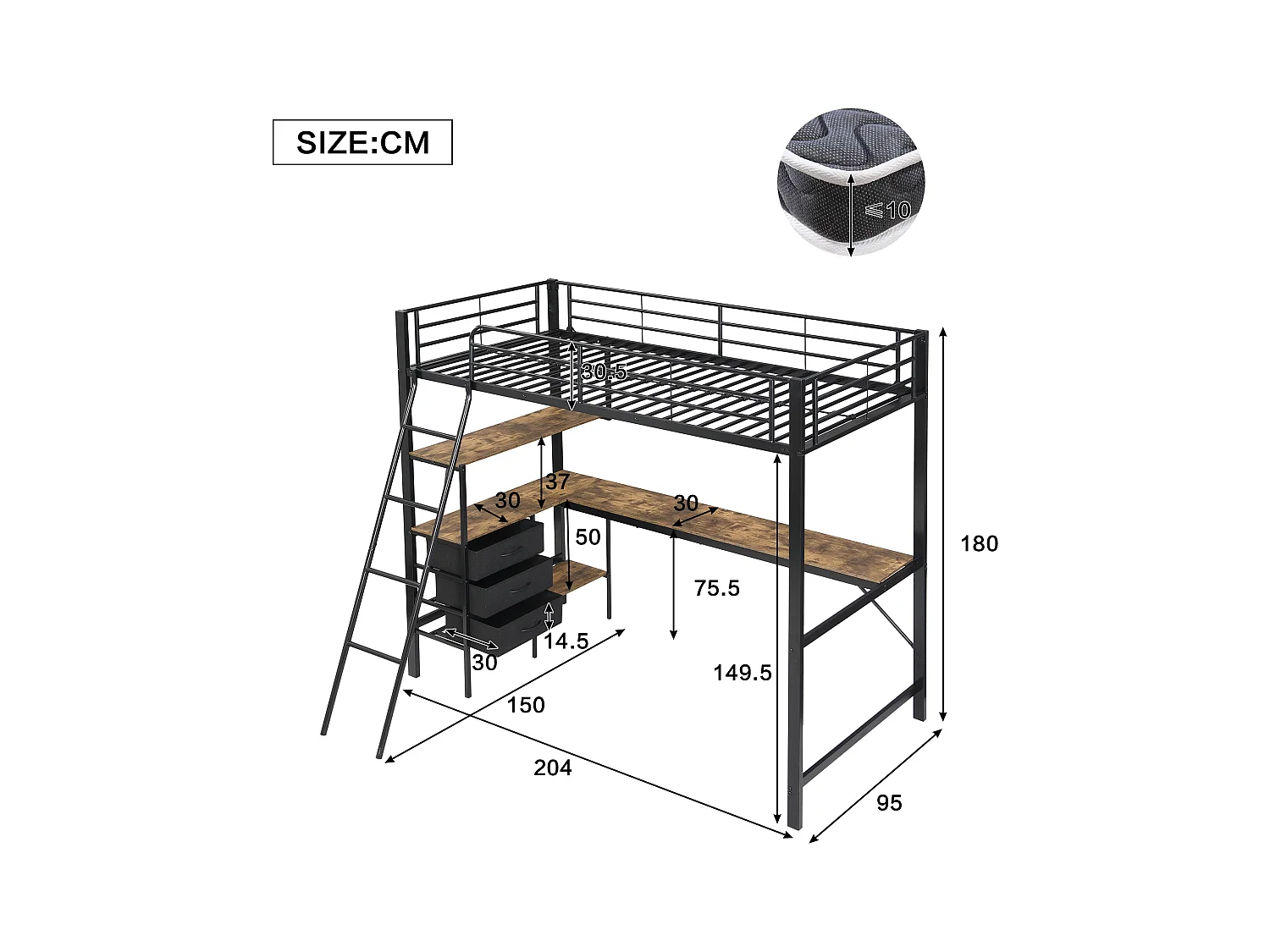Lit superposé en fer, enfants/adolescents, 3 tiroirs, table de 2 m, échelle inclinée 4 marches, fer+aggloméré, noir+noyer foncé, 90x200cm