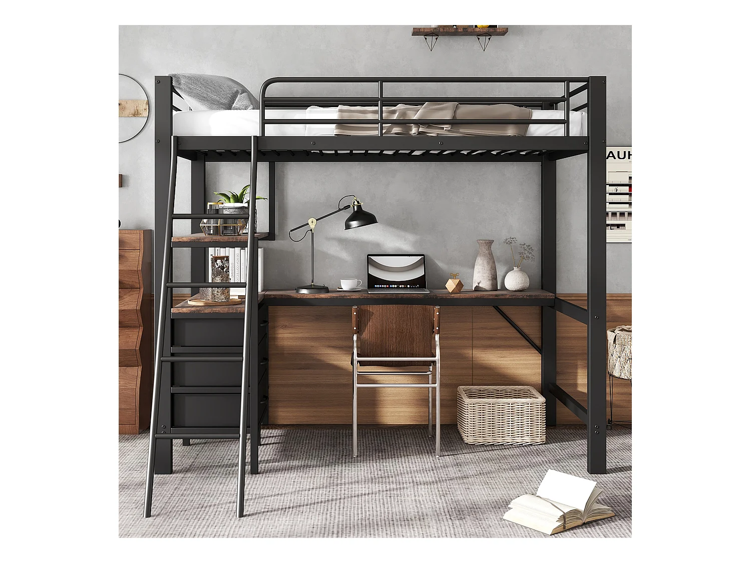 Lit superposé en fer, enfants/adolescents, 3 tiroirs, table de 2 m, échelle inclinée 4 marches, fer+aggloméré, noir+noyer foncé, 90x200cm