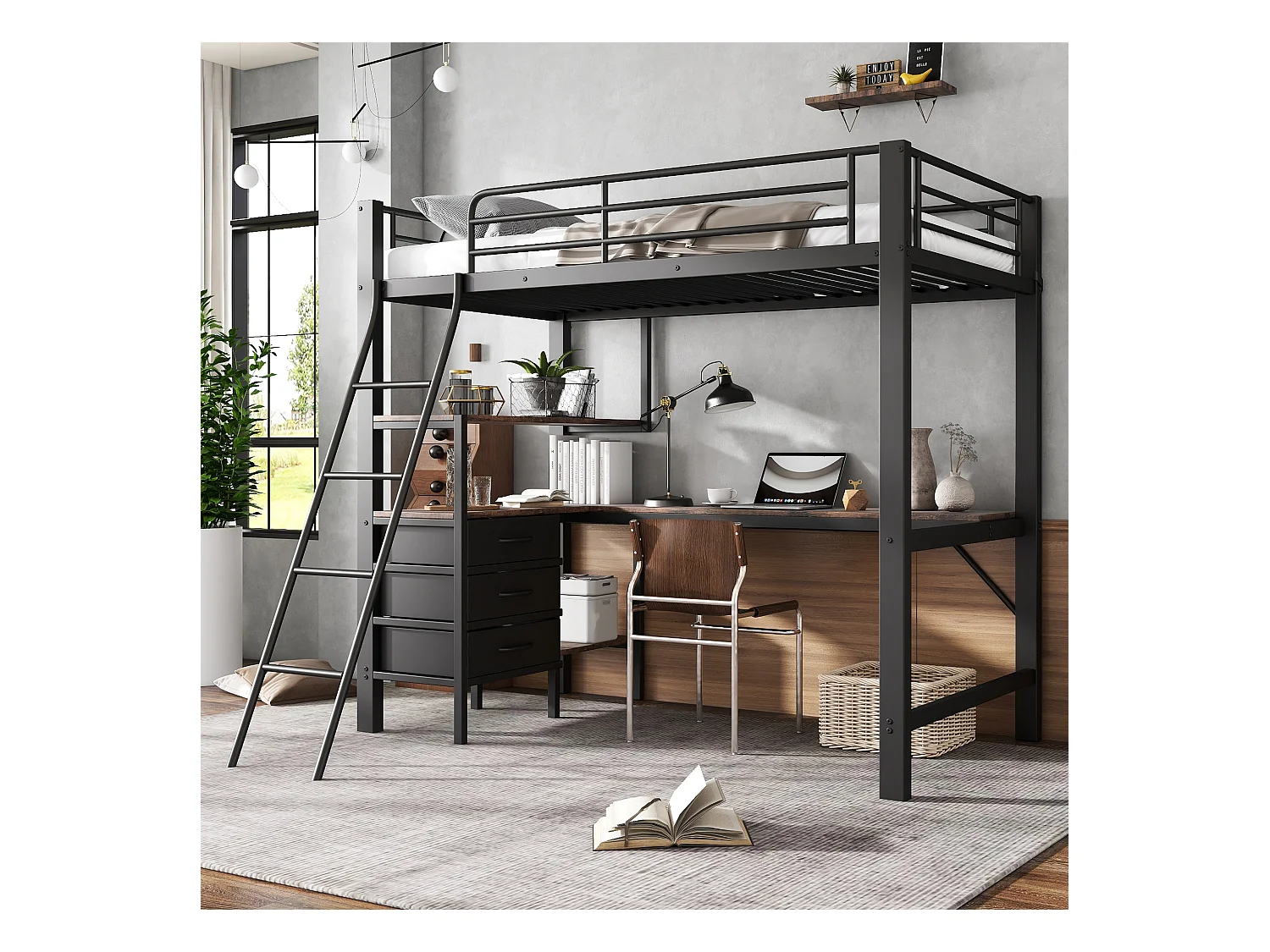 Lit superposé en fer, enfants/adolescents, 3 tiroirs, table de 2 m, échelle inclinée 4 marches, fer+aggloméré, noir+noyer foncé, 90x200cm