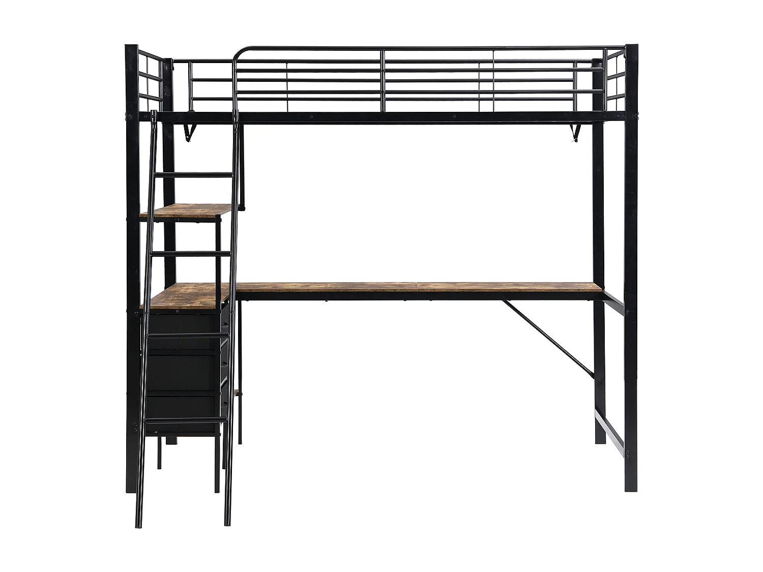 Lit superposé en fer, enfants/adolescents, 3 tiroirs, table de 2 m, échelle inclinée 4 marches, fer+aggloméré, noir+noyer foncé, 90x200cm