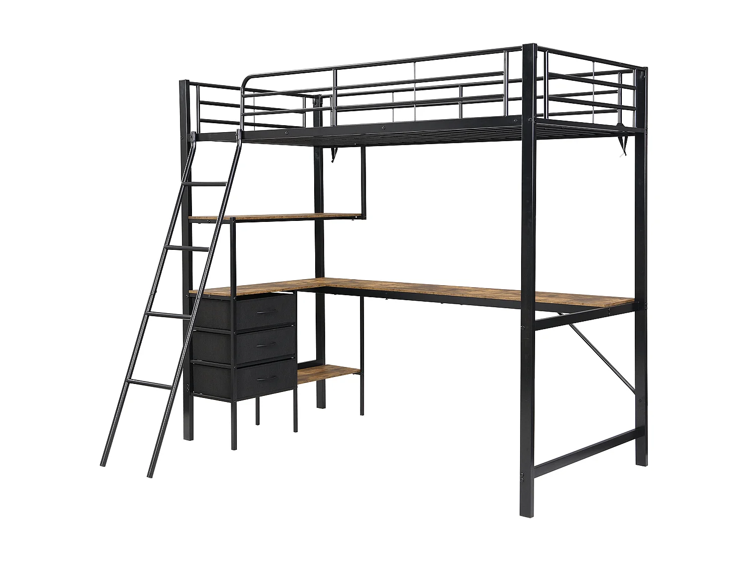 Lit superposé en fer, enfants/adolescents, 3 tiroirs, table de 2 m, échelle inclinée 4 marches, fer+aggloméré, noir+noyer foncé, 90x200cm